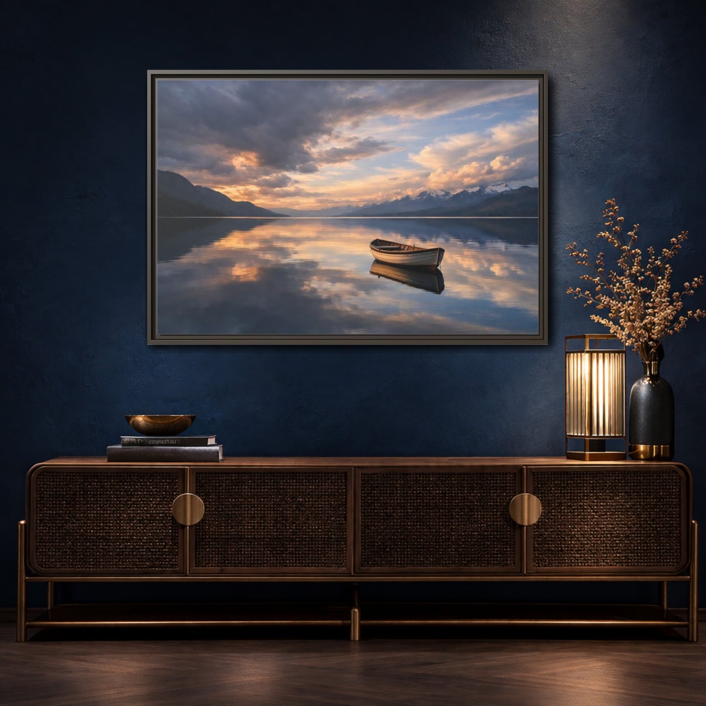 Mockup 4. Nature Wooden Boat Orange And Blue Landscape shown as stretched canvas wall art