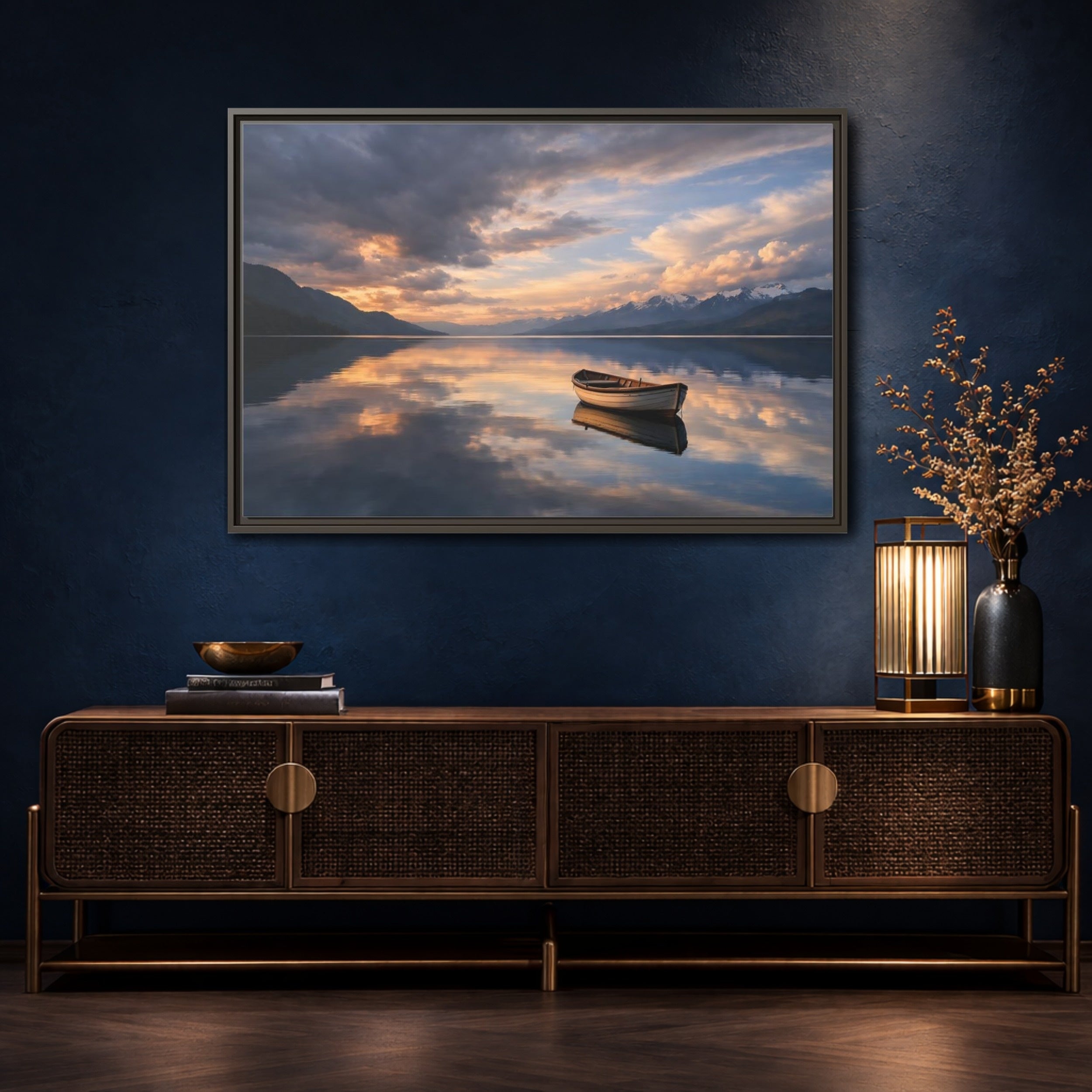 Mockup 4. Nature Wooden Boat Orange And Blue Landscape shown as stretched canvas wall art