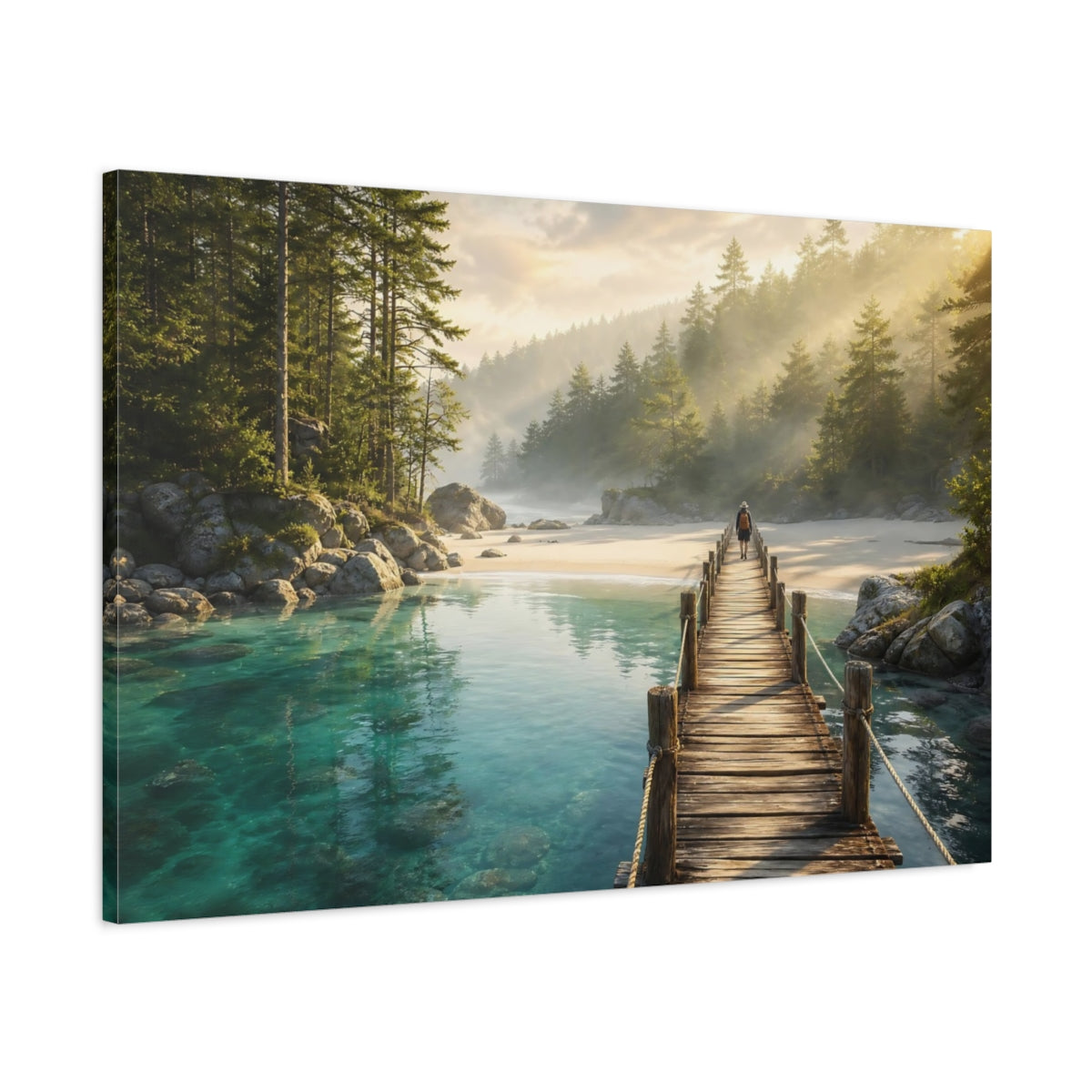 Main Mockup. Nature Wooden Pier Turquoise Water Dock shown as stretched canvas wall art