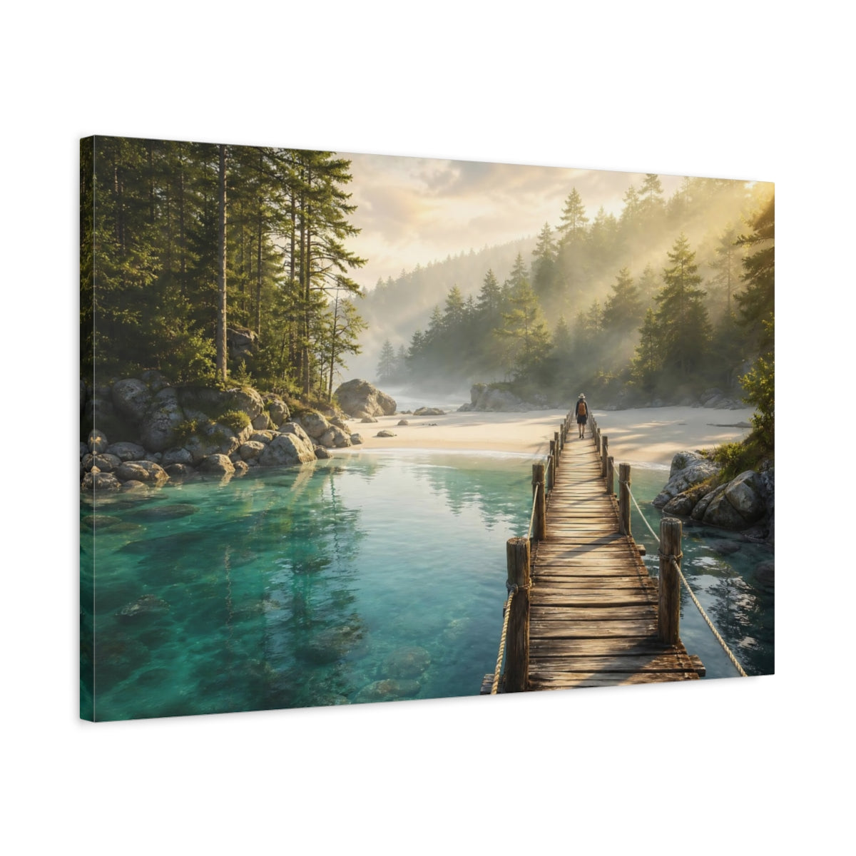 Side Mockup 2. Nature Wooden Pier Turquoise Water Dock shown as stretched canvas wall art