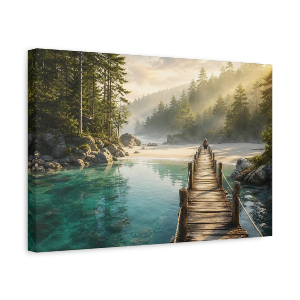 Side Mockup 4. Nature Wooden Pier Turquoise Water Dock shown as stretched canvas wall art
