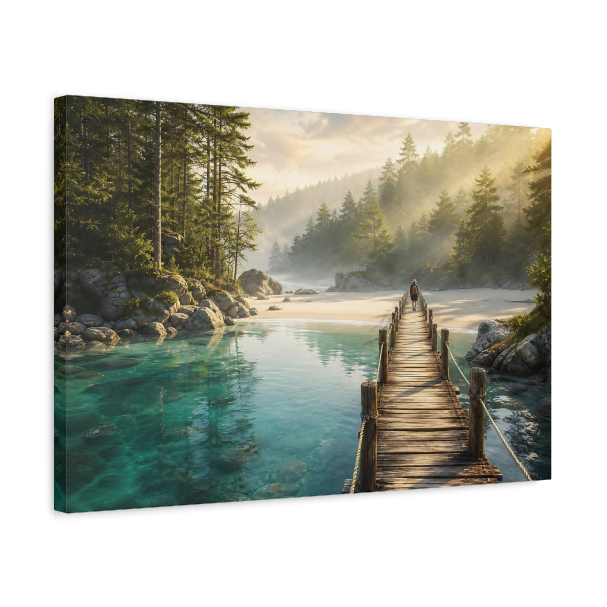 Side Mockup 3. Nature Wooden Pier Turquoise Water Dock shown as stretched canvas wall art