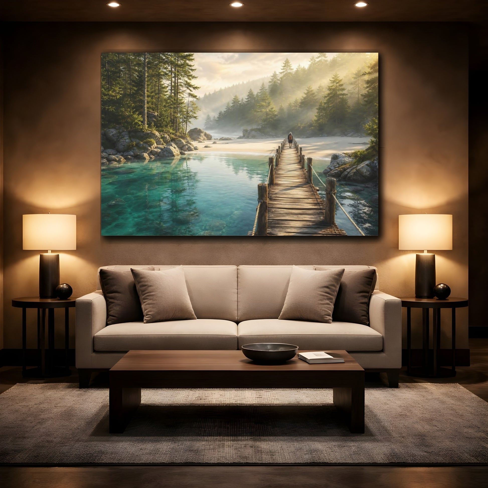 Mockup 2. Nature Wooden Pier Turquoise Water Dock shown as stretched canvas wall art