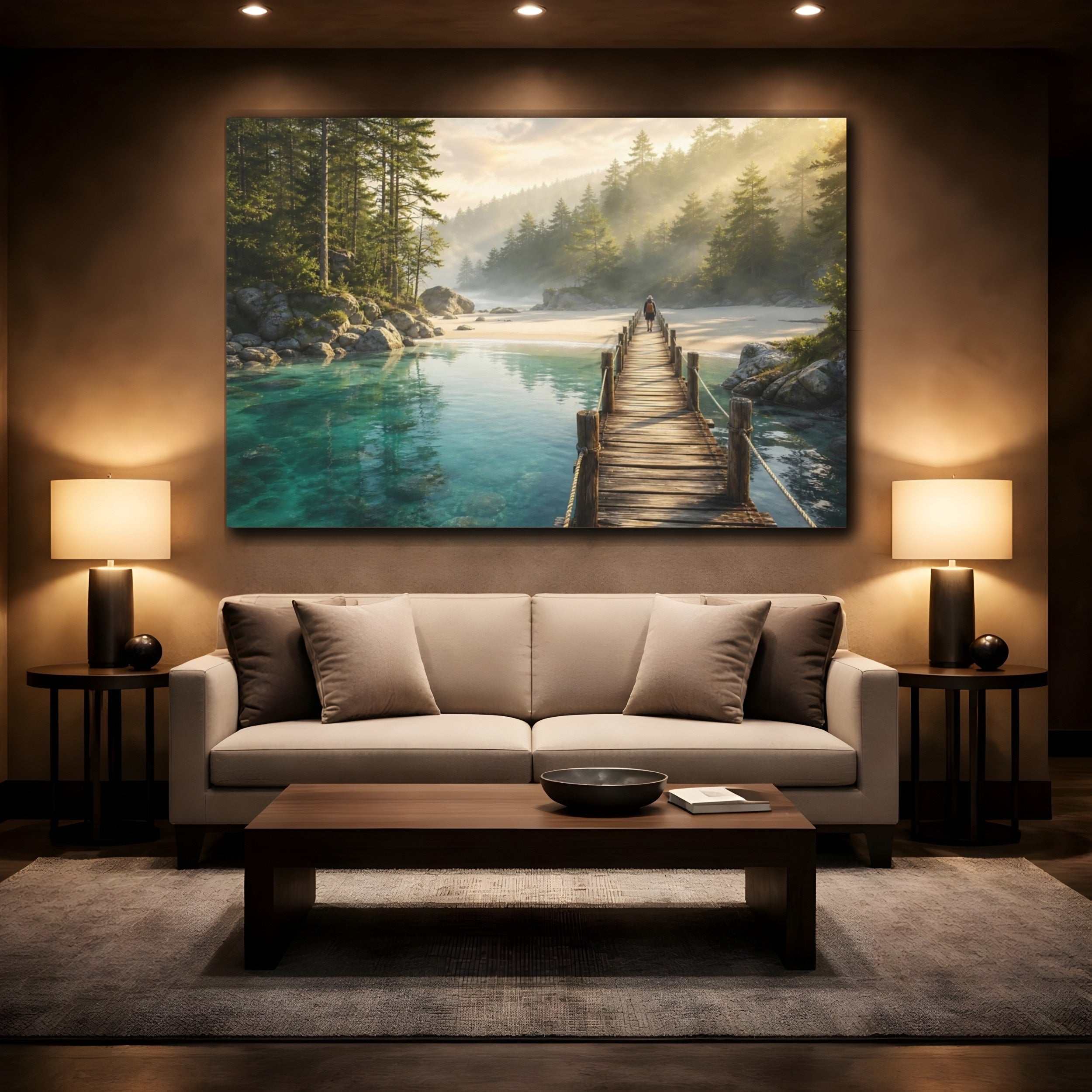 Mockup 2. Nature Wooden Pier Turquoise Water Dock shown as stretched canvas wall art