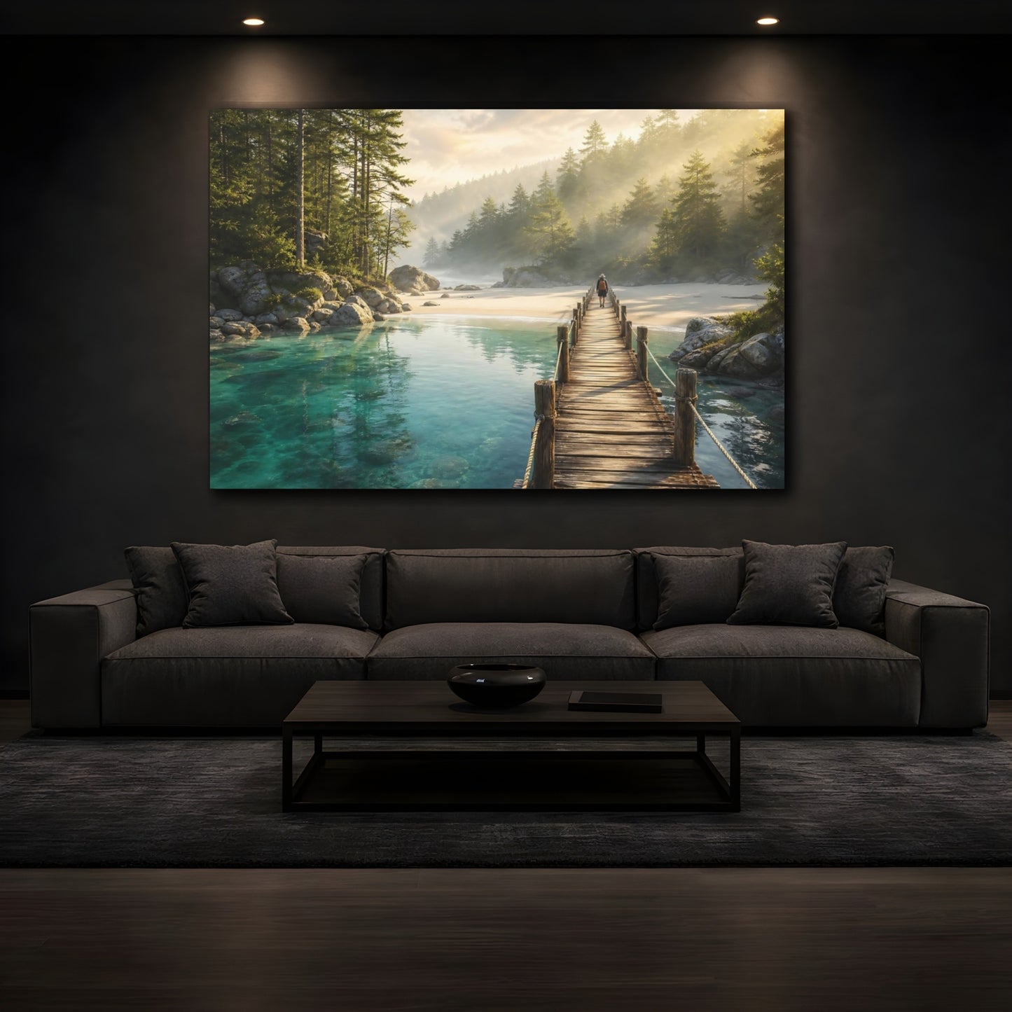 Mockup 3. Nature Wooden Pier Turquoise Water Dock shown as stretched canvas wall art