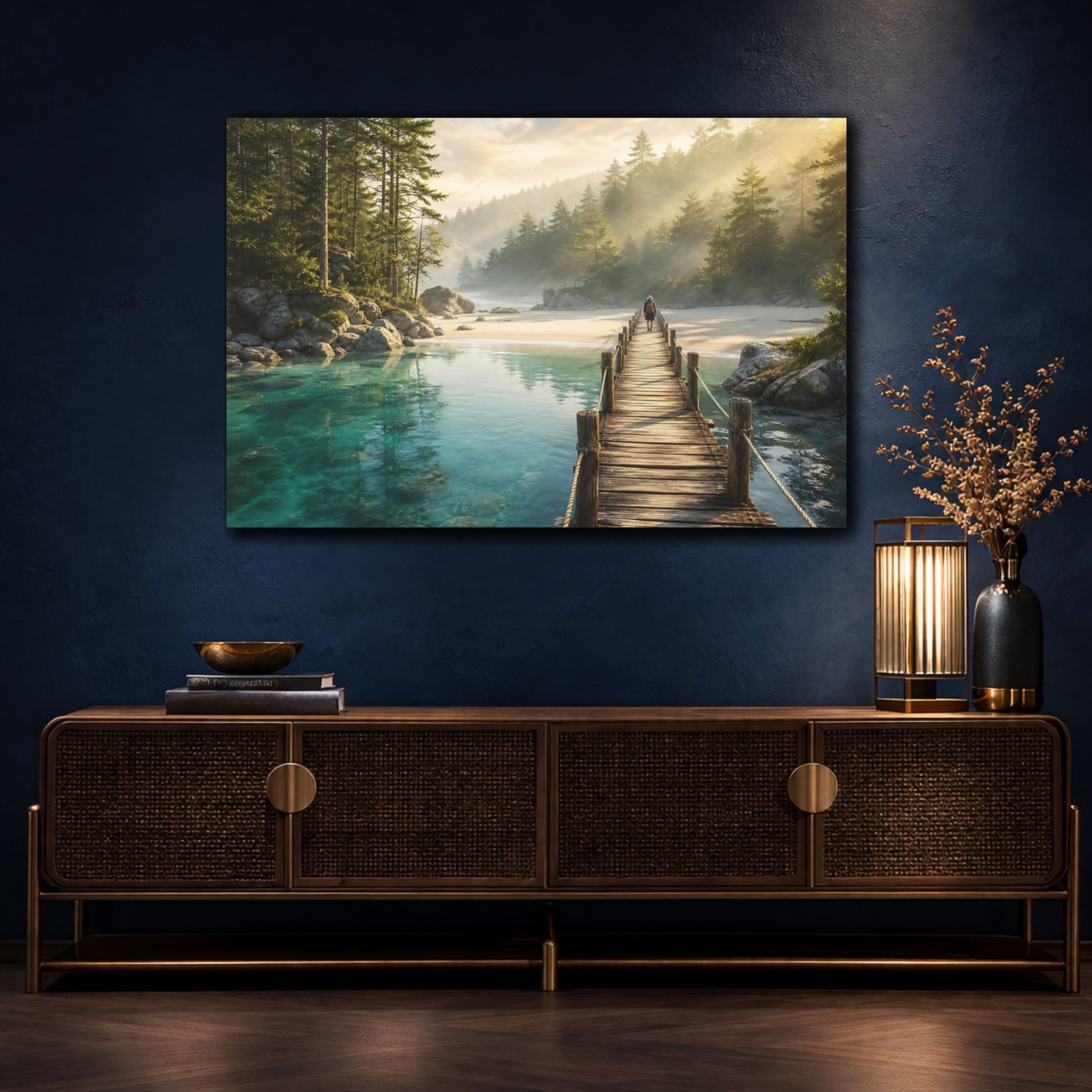Mockup 4. Nature Wooden Pier Turquoise Water Dock shown as stretched canvas wall art