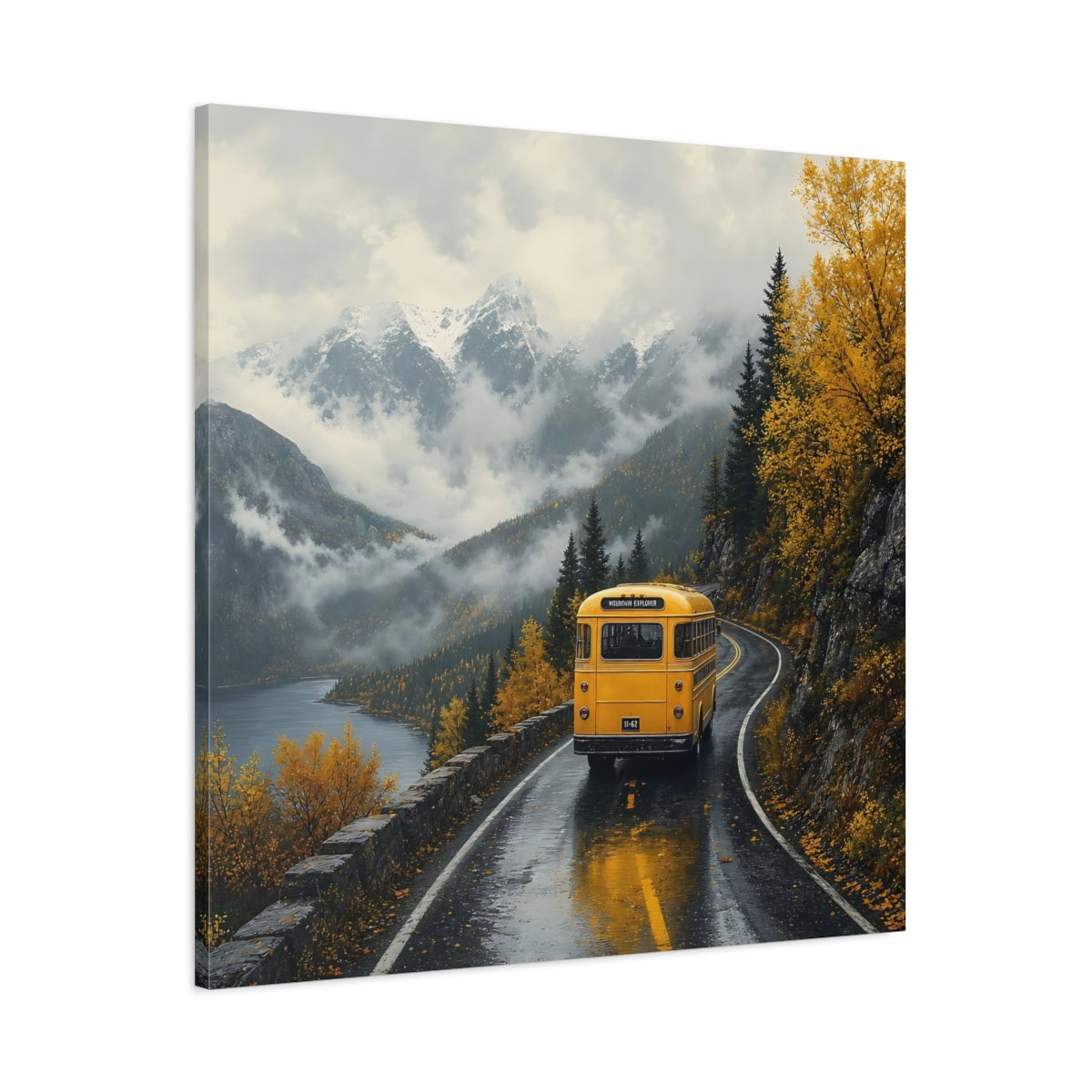 Main Mockup. Nature Yellow Bus Autumn Mountains shown as stretched canvas wall art
