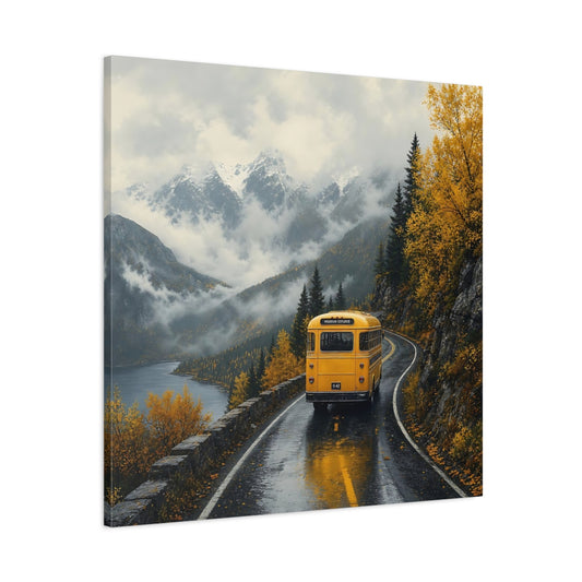 Main Mockup. Nature Yellow Bus Autumn Mountains shown as stretched canvas wall art