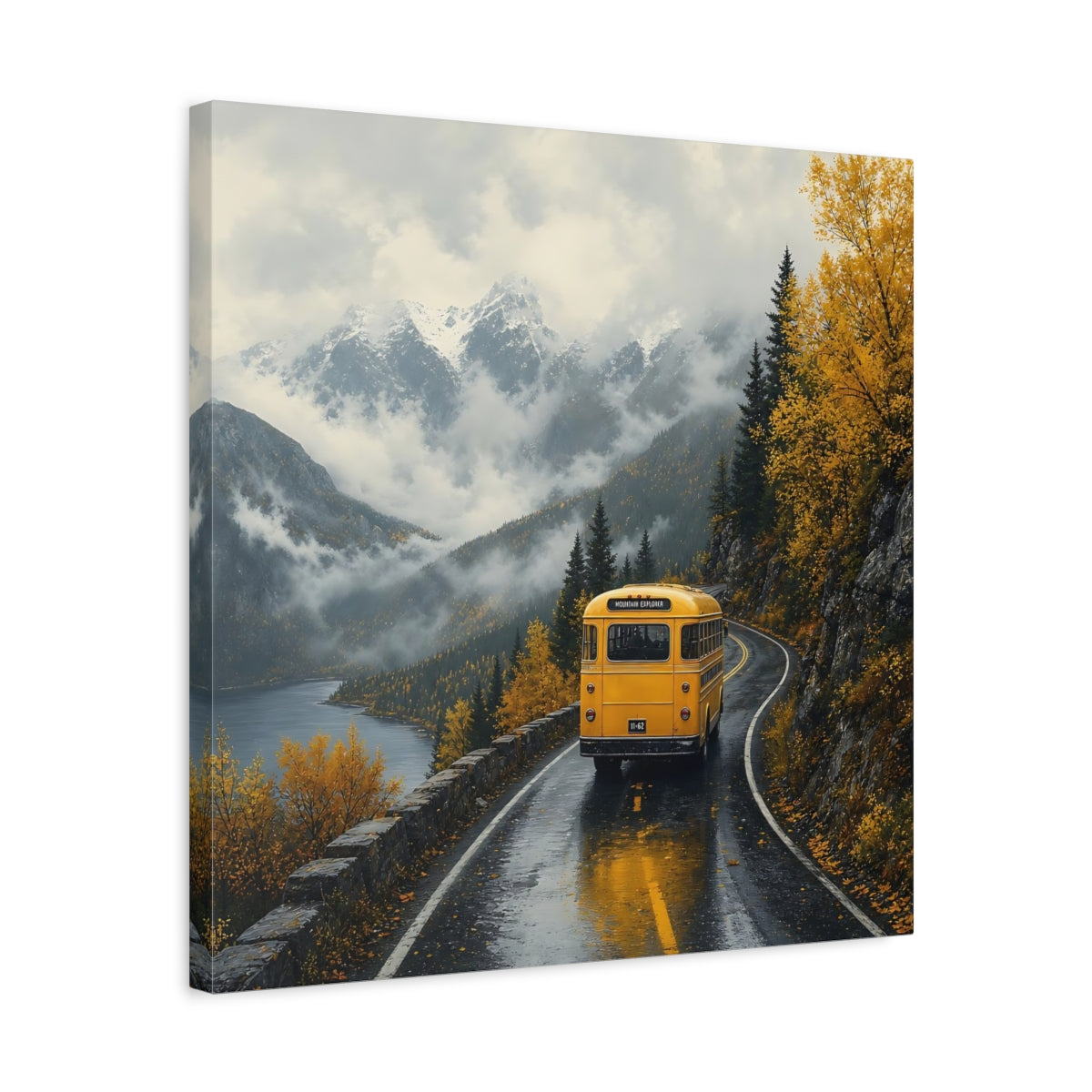 Side Mockup 5. Nature Yellow Bus Autumn Mountains shown as stretched canvas wall art