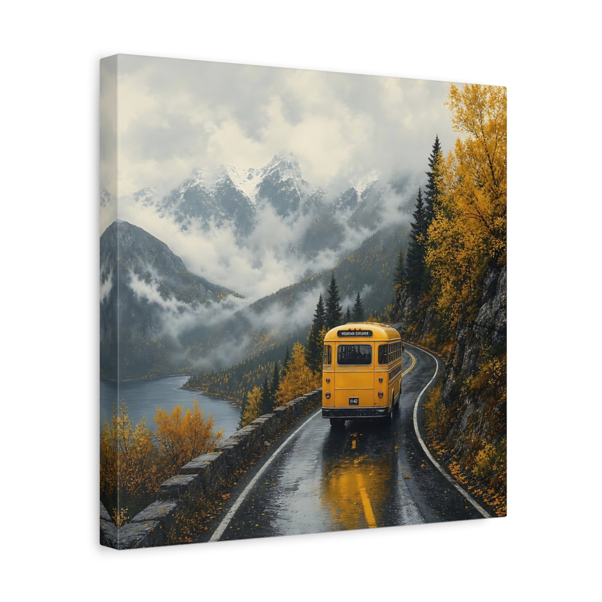 Side Mockup 7. Nature Yellow Bus Autumn Mountains shown as stretched canvas wall art