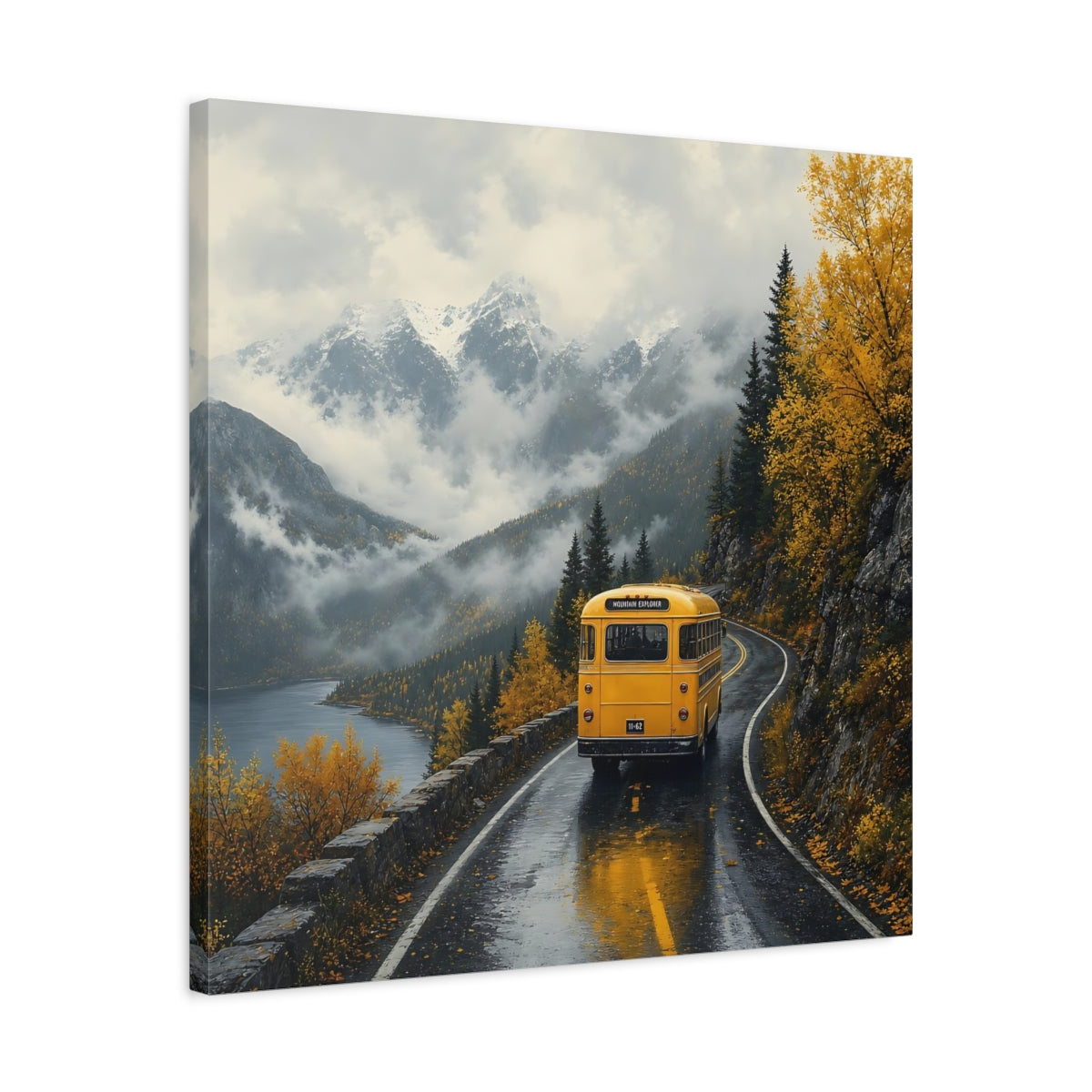Side Mockup 4. Nature Yellow Bus Autumn Mountains shown as stretched canvas wall art