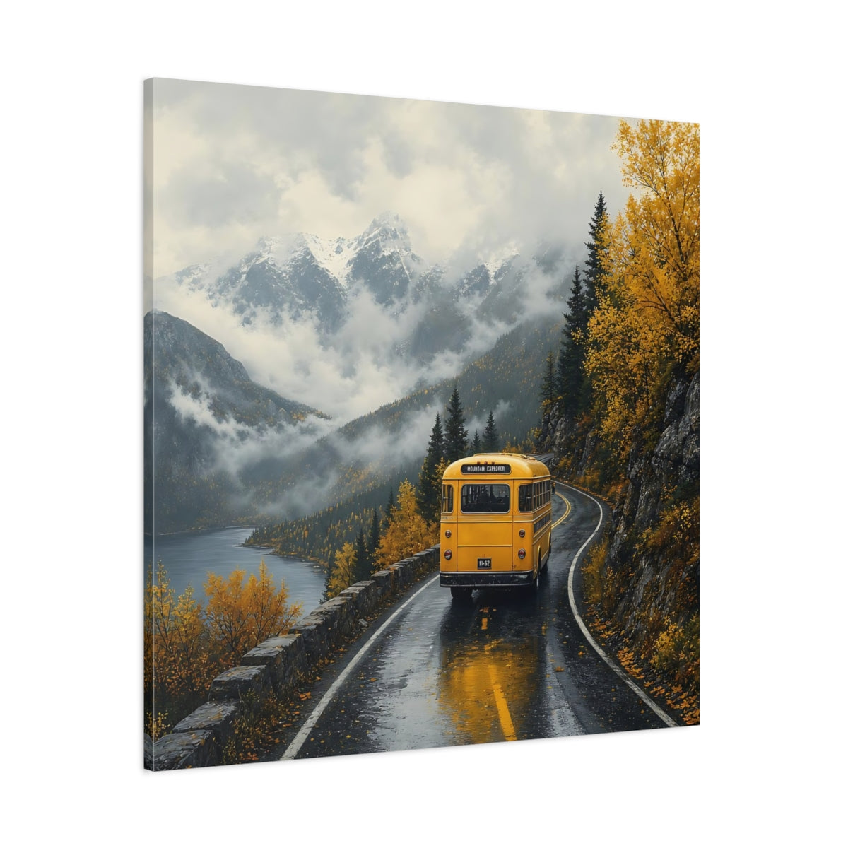 Side Mockup 1. Nature Yellow Bus Autumn Mountains shown as stretched canvas wall art