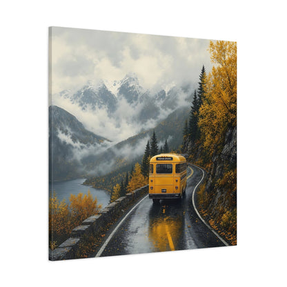 Side Mockup 1. Nature Yellow Bus Autumn Mountains shown as stretched canvas wall art