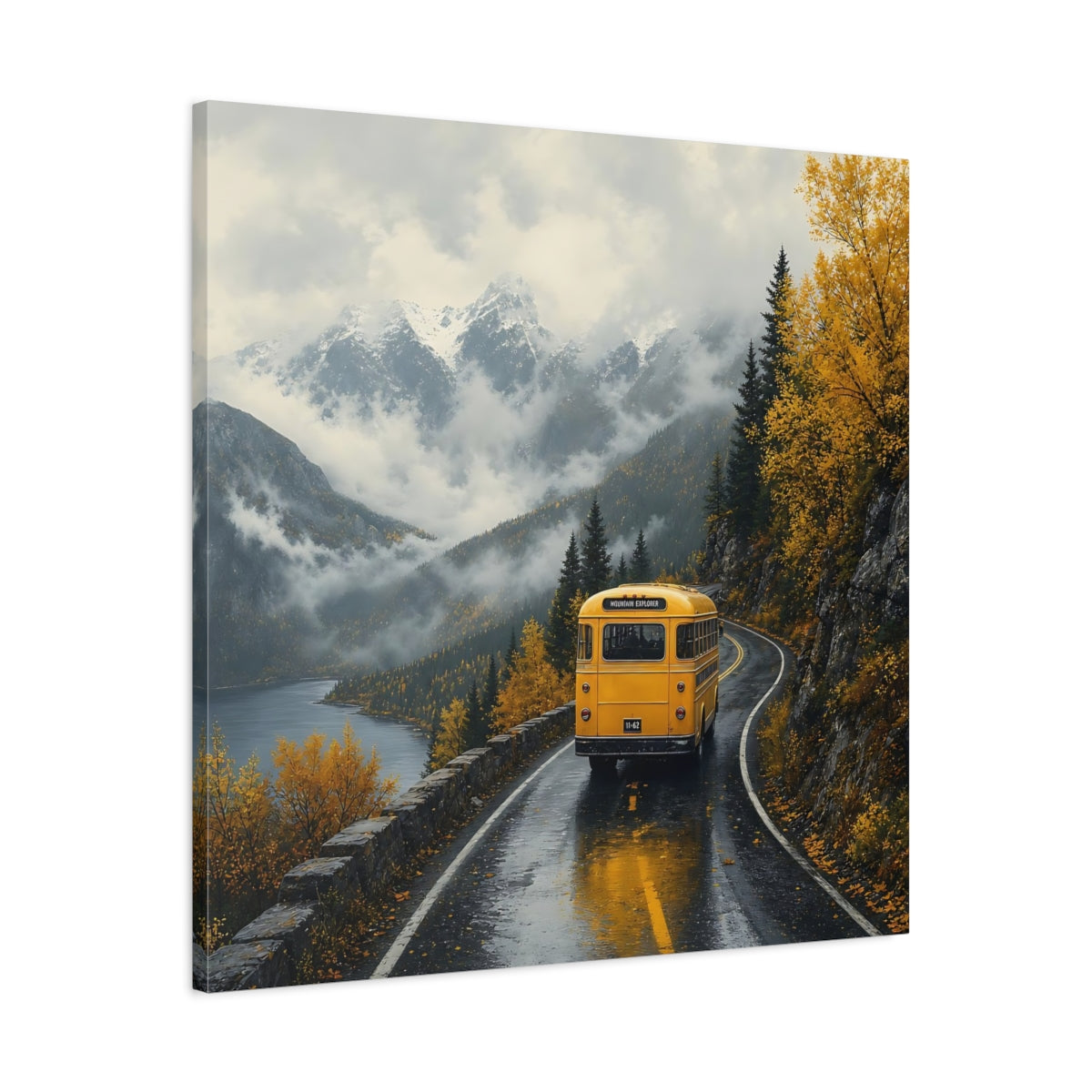 Side Mockup 3. Nature Yellow Bus Autumn Mountains shown as stretched canvas wall art