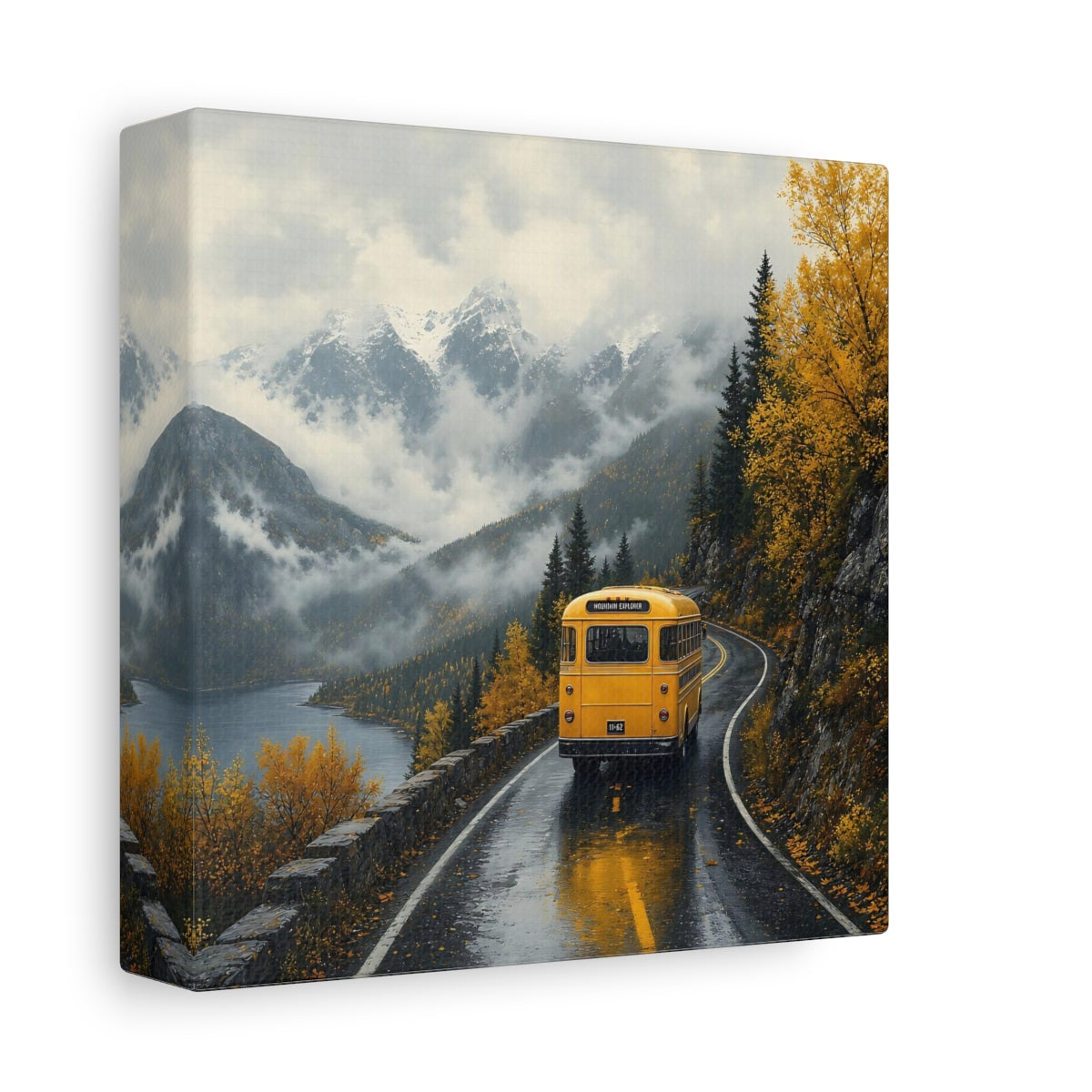 Side Mockup 2. Nature Yellow Bus Autumn Mountains shown as stretched canvas wall art