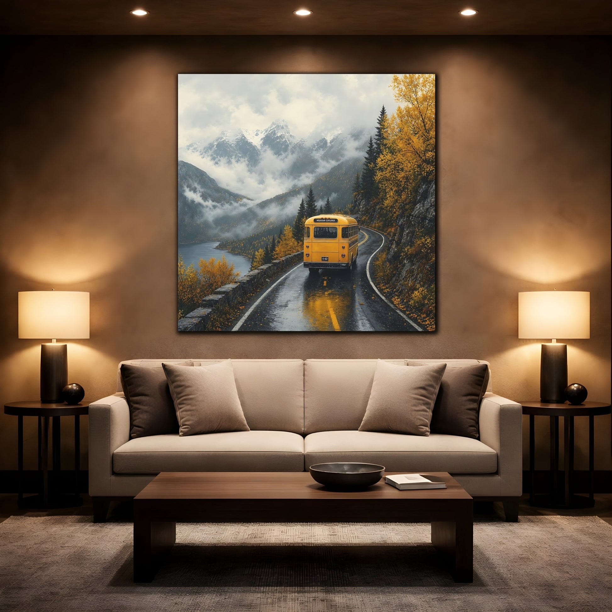 Mockup 2. Nature Yellow Bus Autumn Mountains shown as stretched canvas wall art