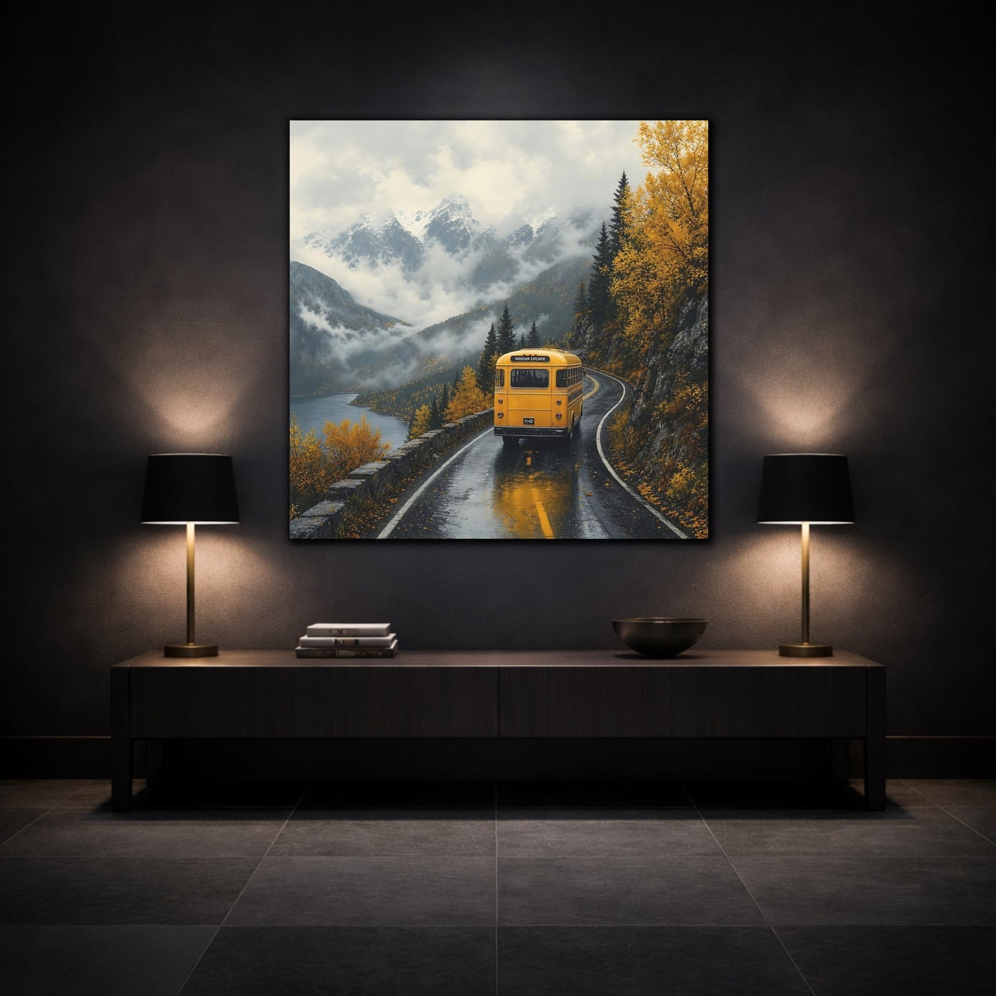Mockup 3. Nature Yellow Bus Autumn Mountains shown as stretched canvas wall art