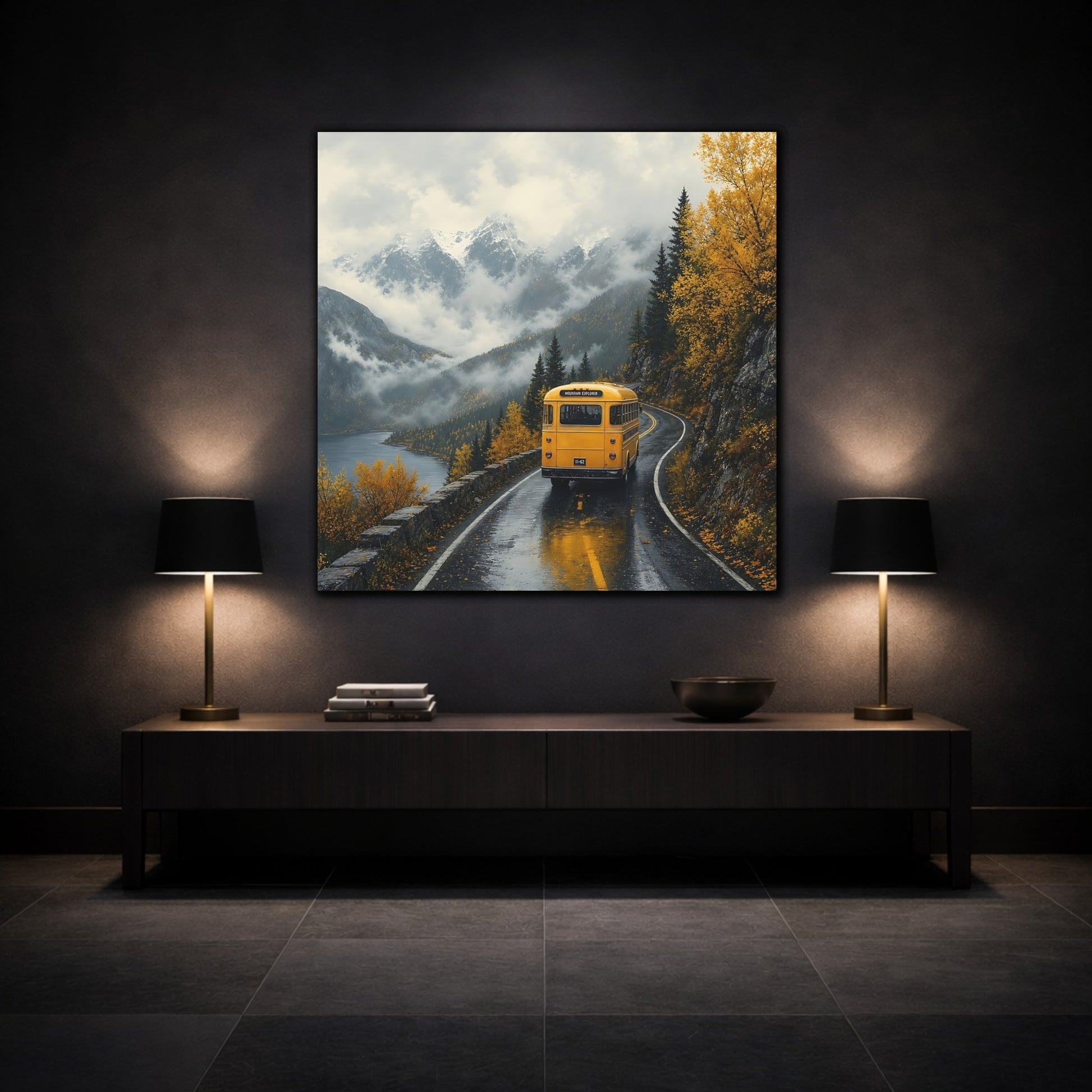 Mockup 3. Nature Yellow Bus Autumn Mountains shown as stretched canvas wall art