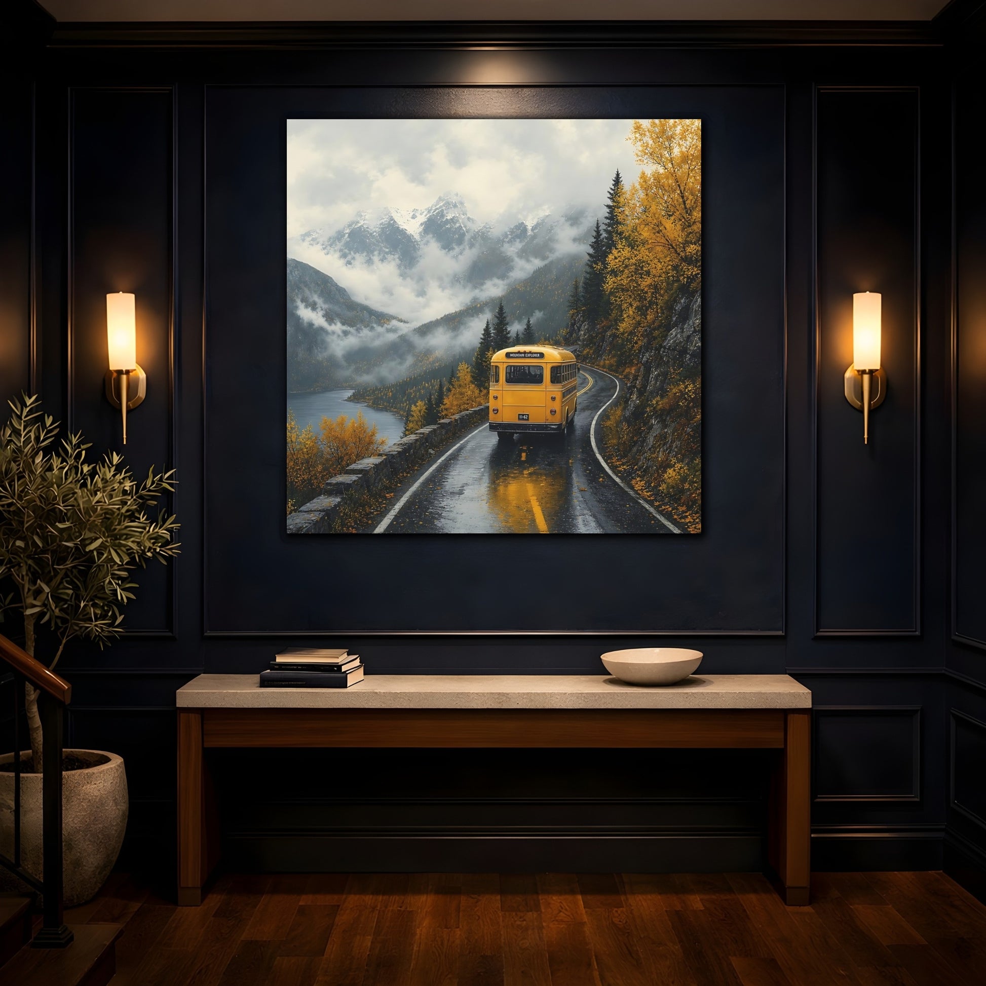 Mockup 4. Nature Yellow Bus Autumn Mountains shown as stretched canvas wall art
