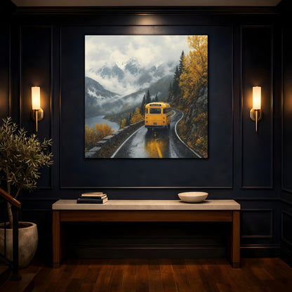 Mockup 4. Nature Yellow Bus Autumn Mountains shown as stretched canvas wall art