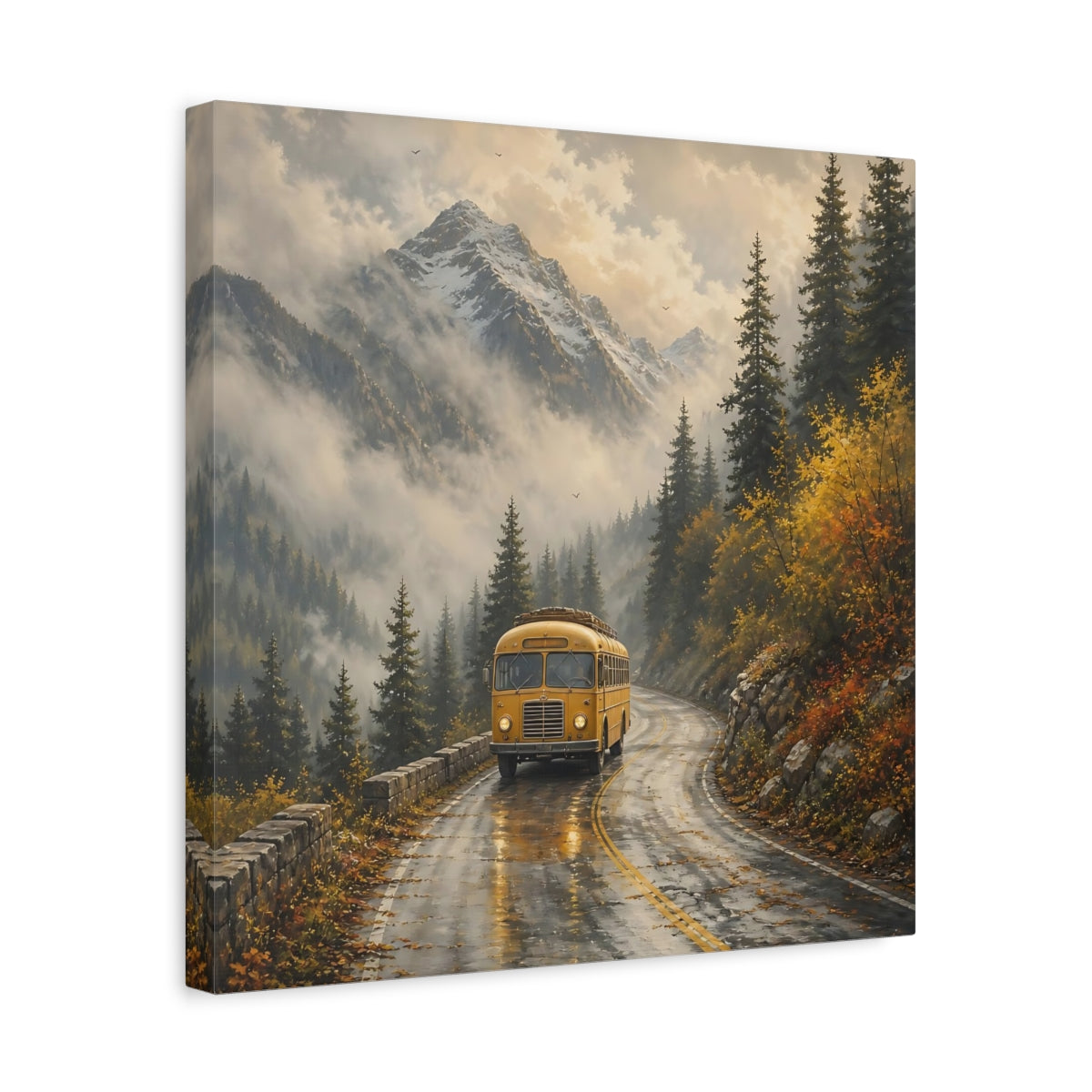 Side Mockup 6. Nature Yellow Bus Yellow Bus Landscape shown as stretched canvas wall art