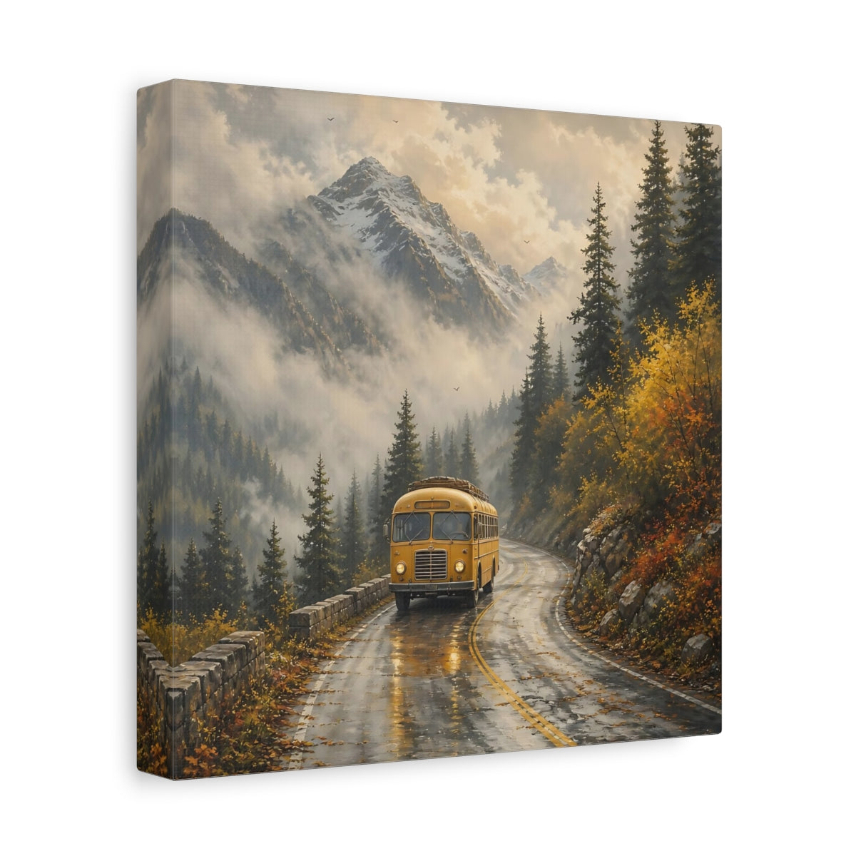 Side Mockup 9. Nature Yellow Bus Yellow Bus Landscape shown as stretched canvas wall art