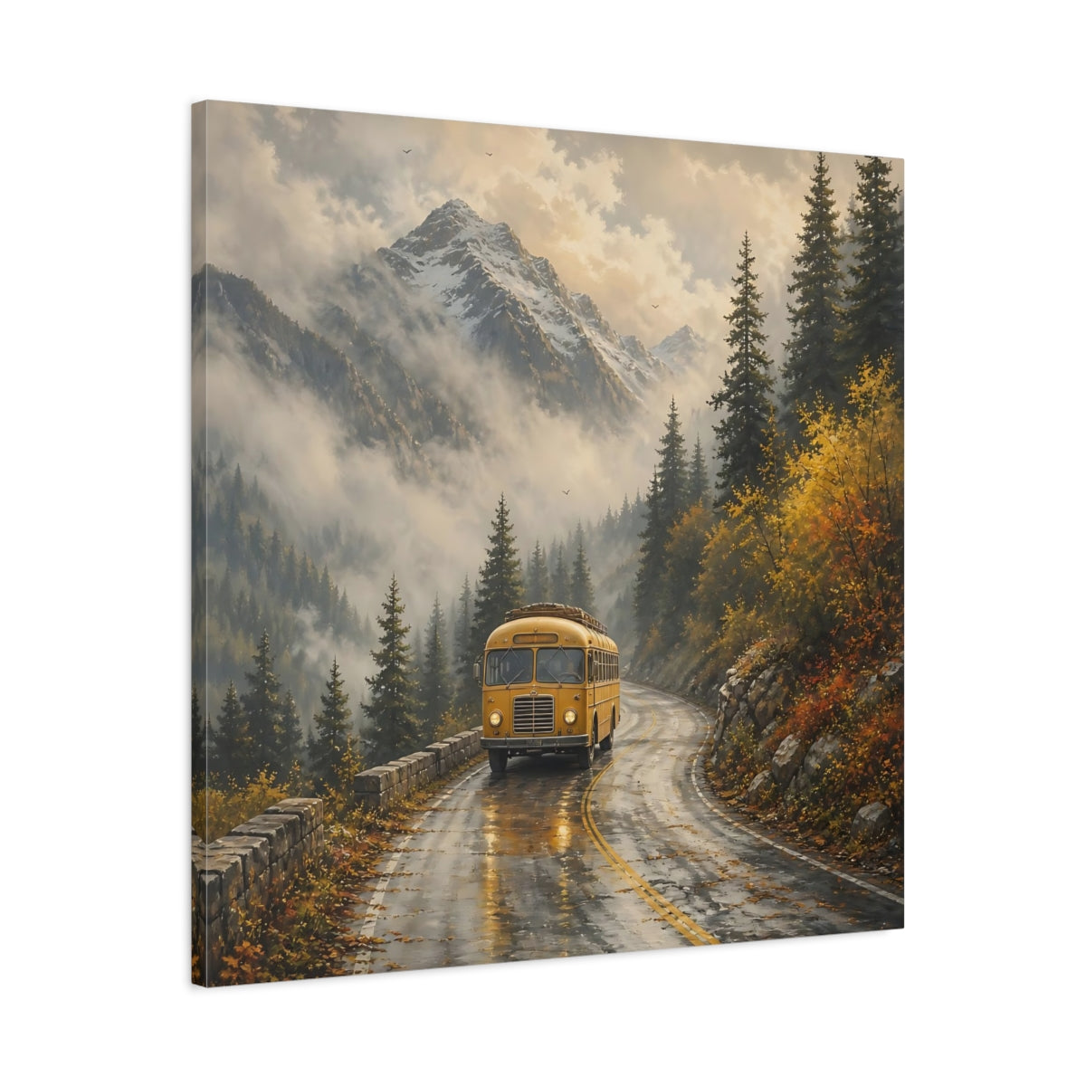 Side Mockup 3. Nature Yellow Bus Yellow Bus Landscape shown as stretched canvas wall art