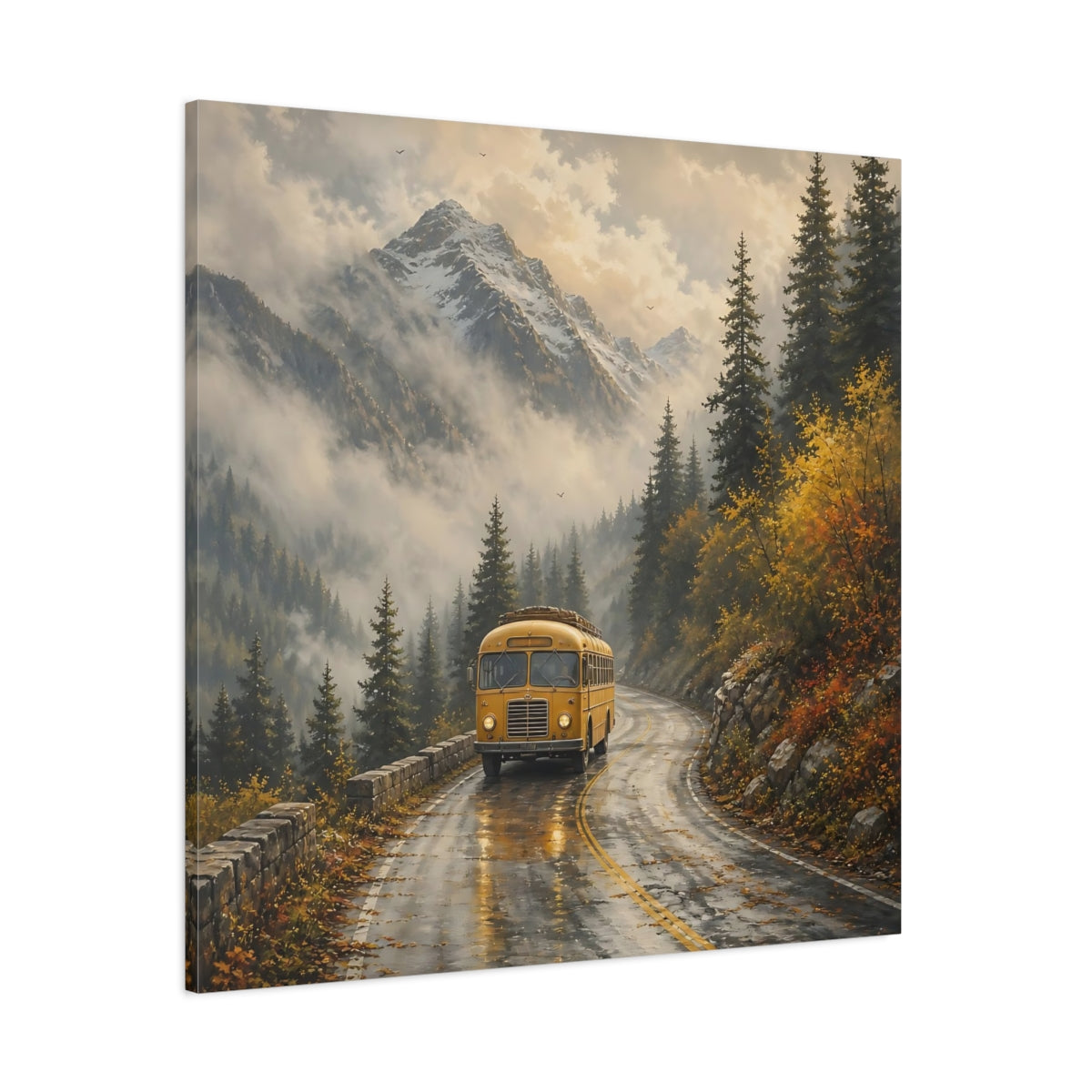 Side Mockup 1. Nature Yellow Bus Yellow Bus Landscape shown as stretched canvas wall art