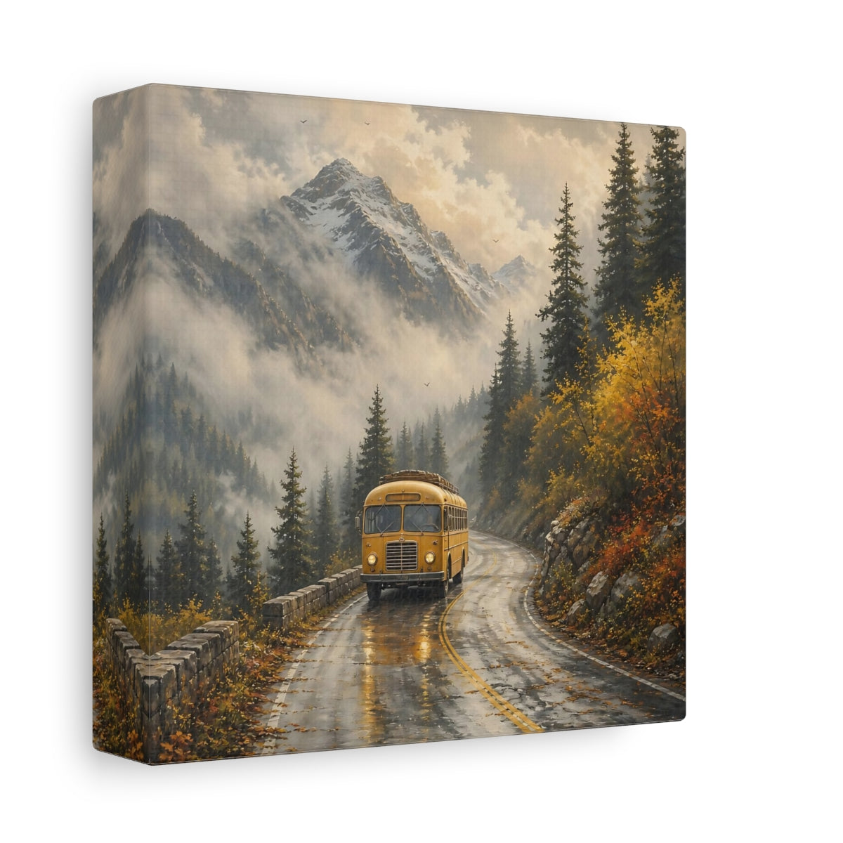 Side Mockup 2. Nature Yellow Bus Yellow Bus Landscape shown as stretched canvas wall art
