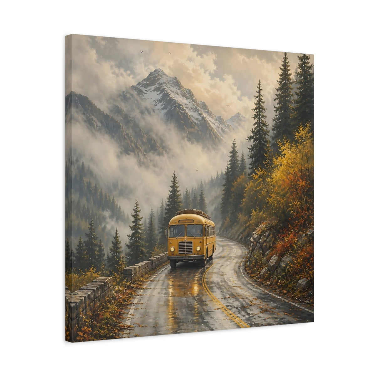 Side Mockup 4. Nature Yellow Bus Yellow Bus Landscape shown as stretched canvas wall art