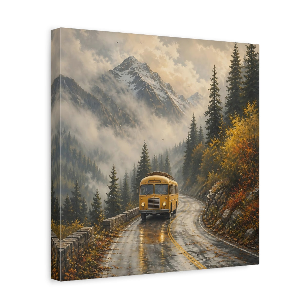 Side Mockup 7. Nature Yellow Bus Yellow Bus Landscape shown as stretched canvas wall art