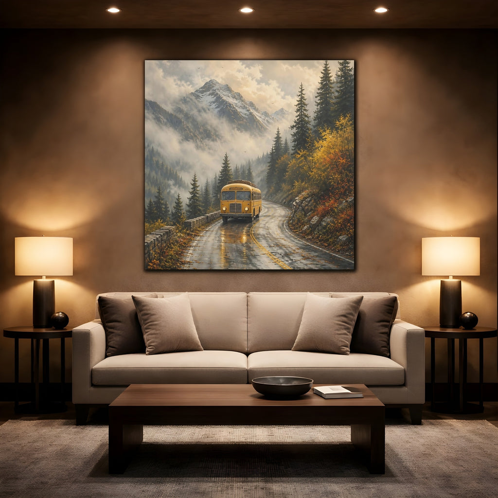 Mockup 2. Nature Yellow Bus Yellow Bus Landscape shown as stretched canvas wall art