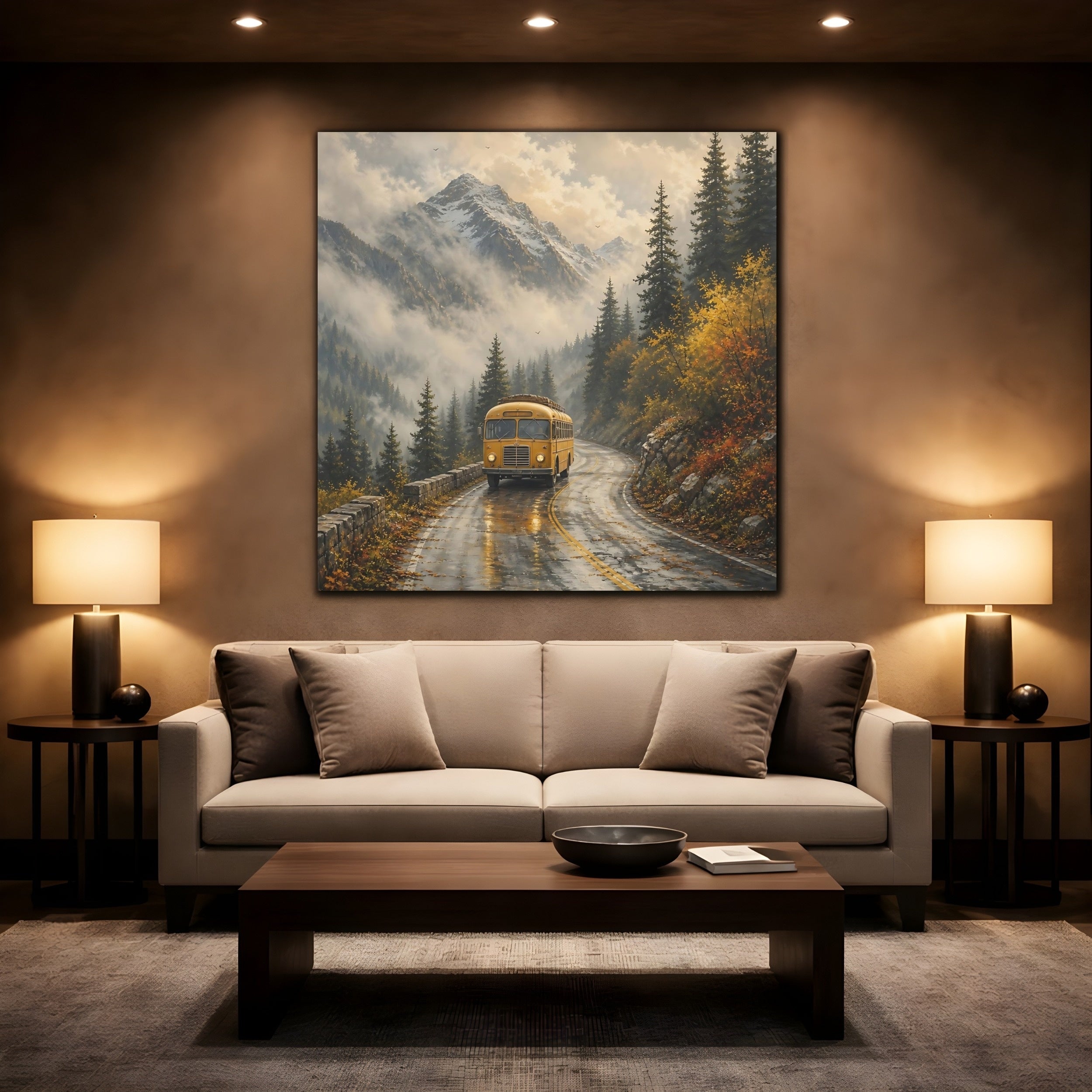 Mockup 2. Nature Yellow Bus Yellow Bus Landscape shown as stretched canvas wall art