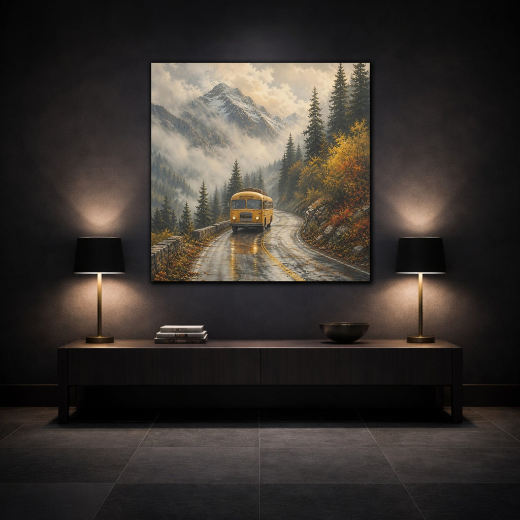 Mockup 3. Nature Yellow Bus Yellow Bus Landscape shown as stretched canvas wall art