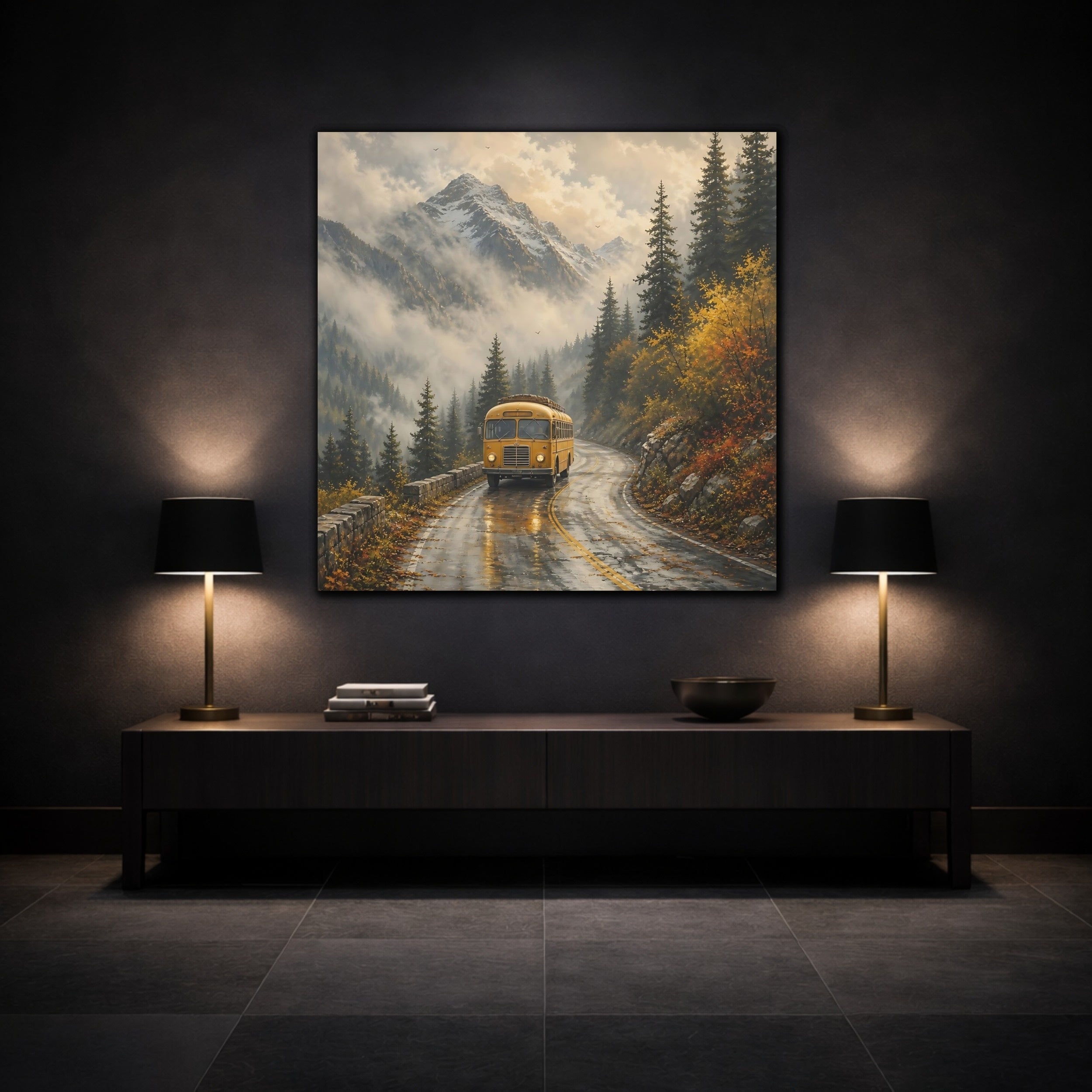 Mockup 3. Nature Yellow Bus Yellow Bus Landscape shown as stretched canvas wall art
