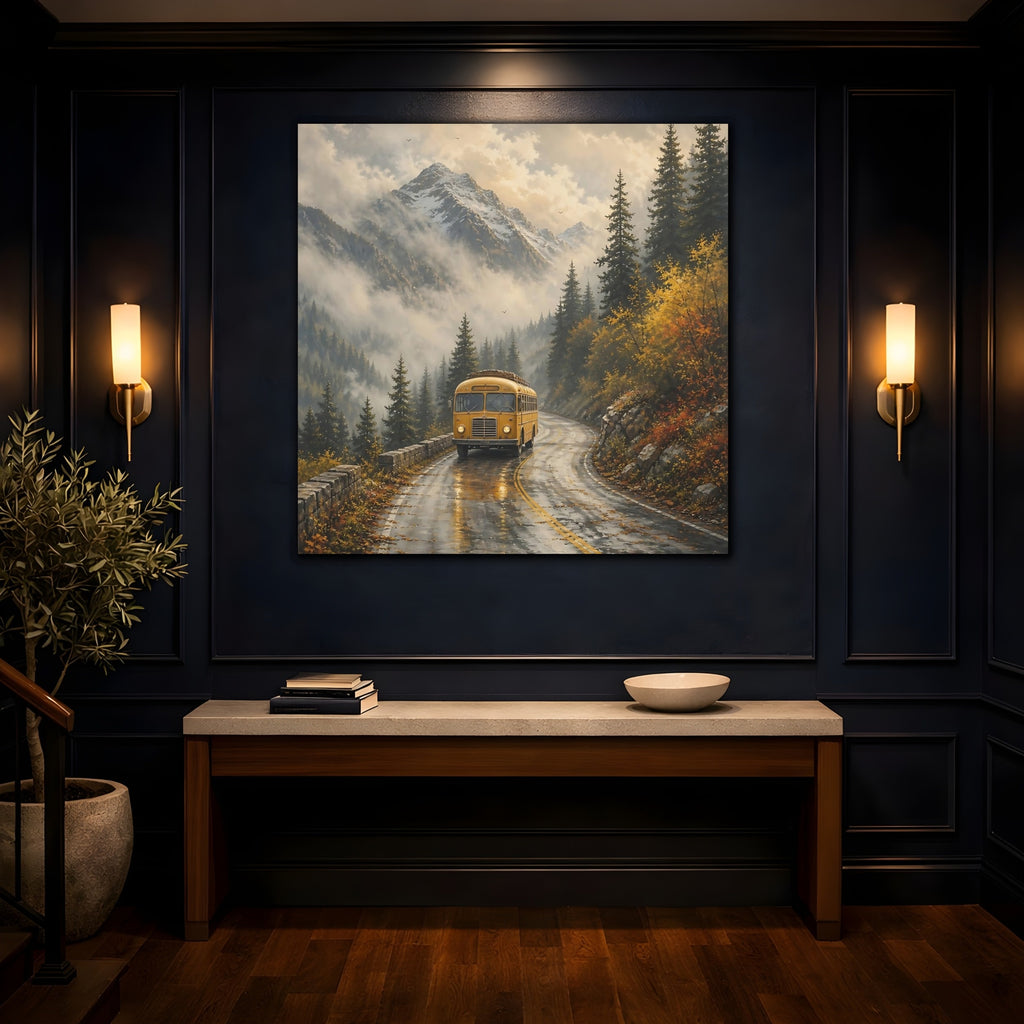 Mockup 4. Nature Yellow Bus Yellow Bus Landscape shown as stretched canvas wall art