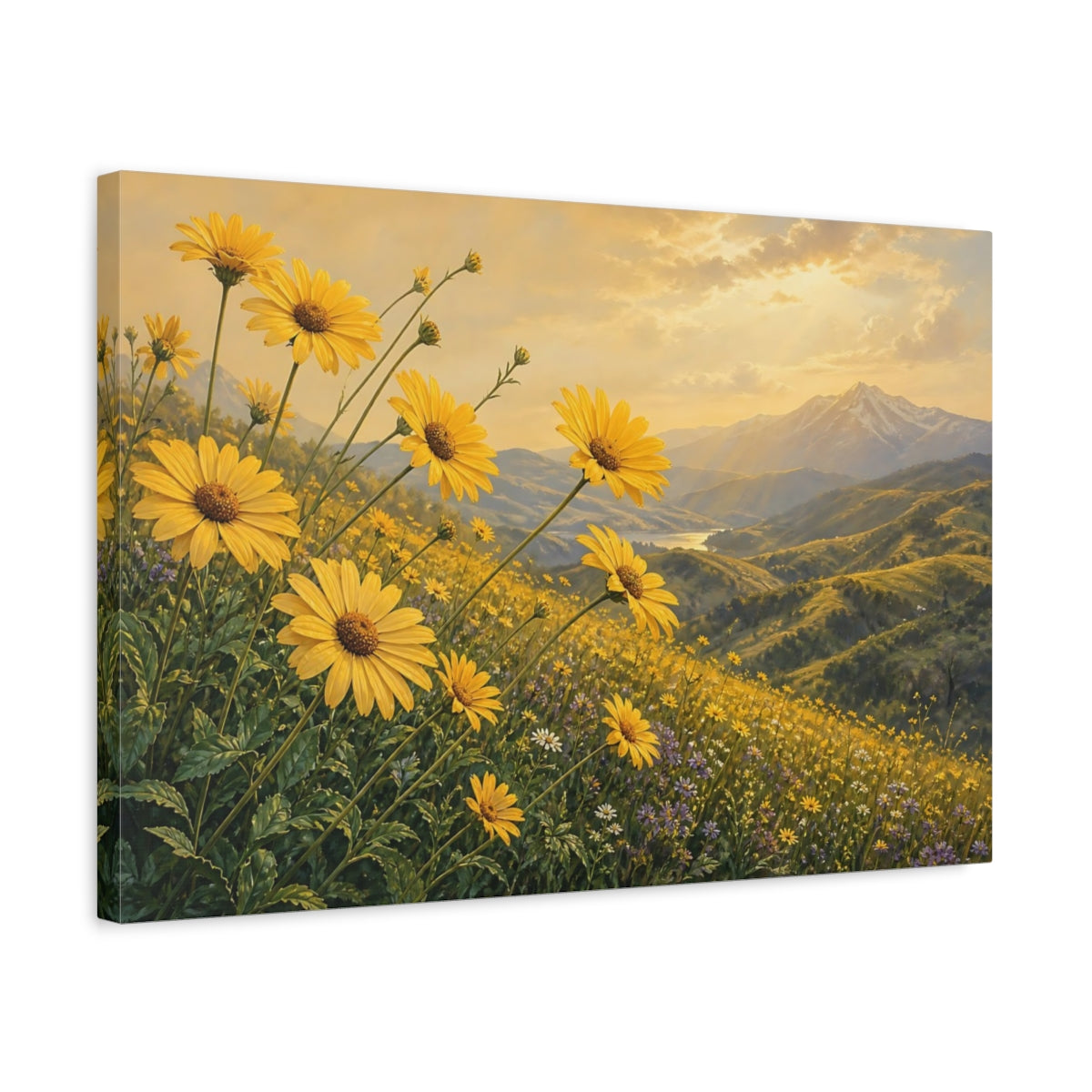 Side Mockup 3. Nature Yellow Daisies Golden Yellow Landscape shown as stretched canvas wall art
