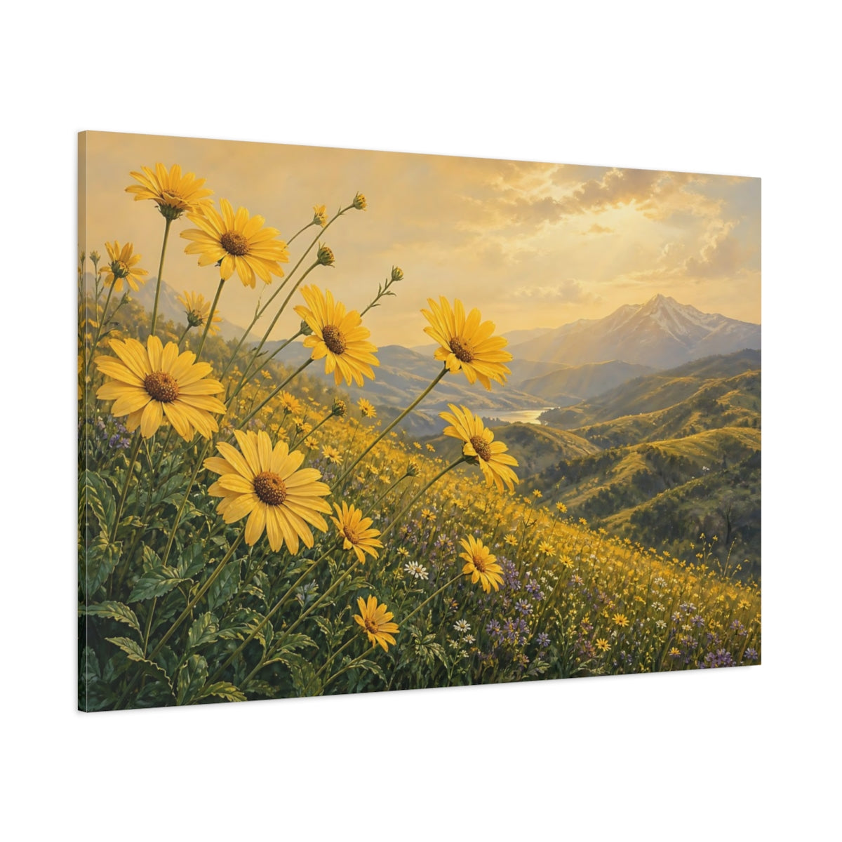 Side Mockup 1. Nature Yellow Daisies Golden Yellow Landscape shown as stretched canvas wall art