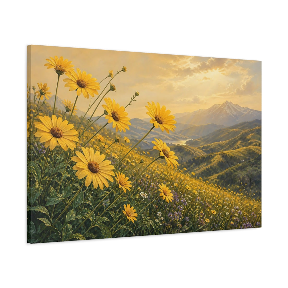 Main Mockup. Nature Yellow Daisies Golden Yellow Landscape shown as stretched canvas wall art