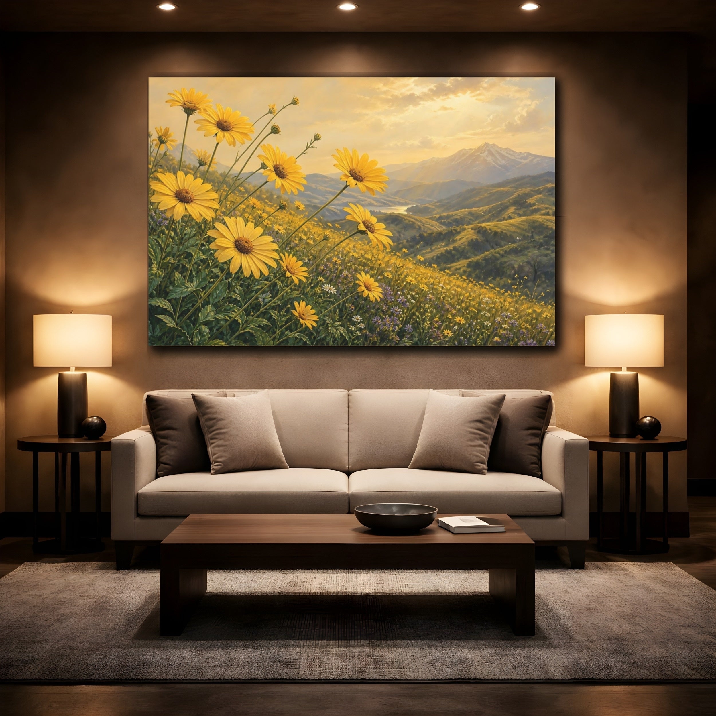 Mockup 2. Nature Yellow Daisies Golden Yellow Landscape shown as stretched canvas wall art