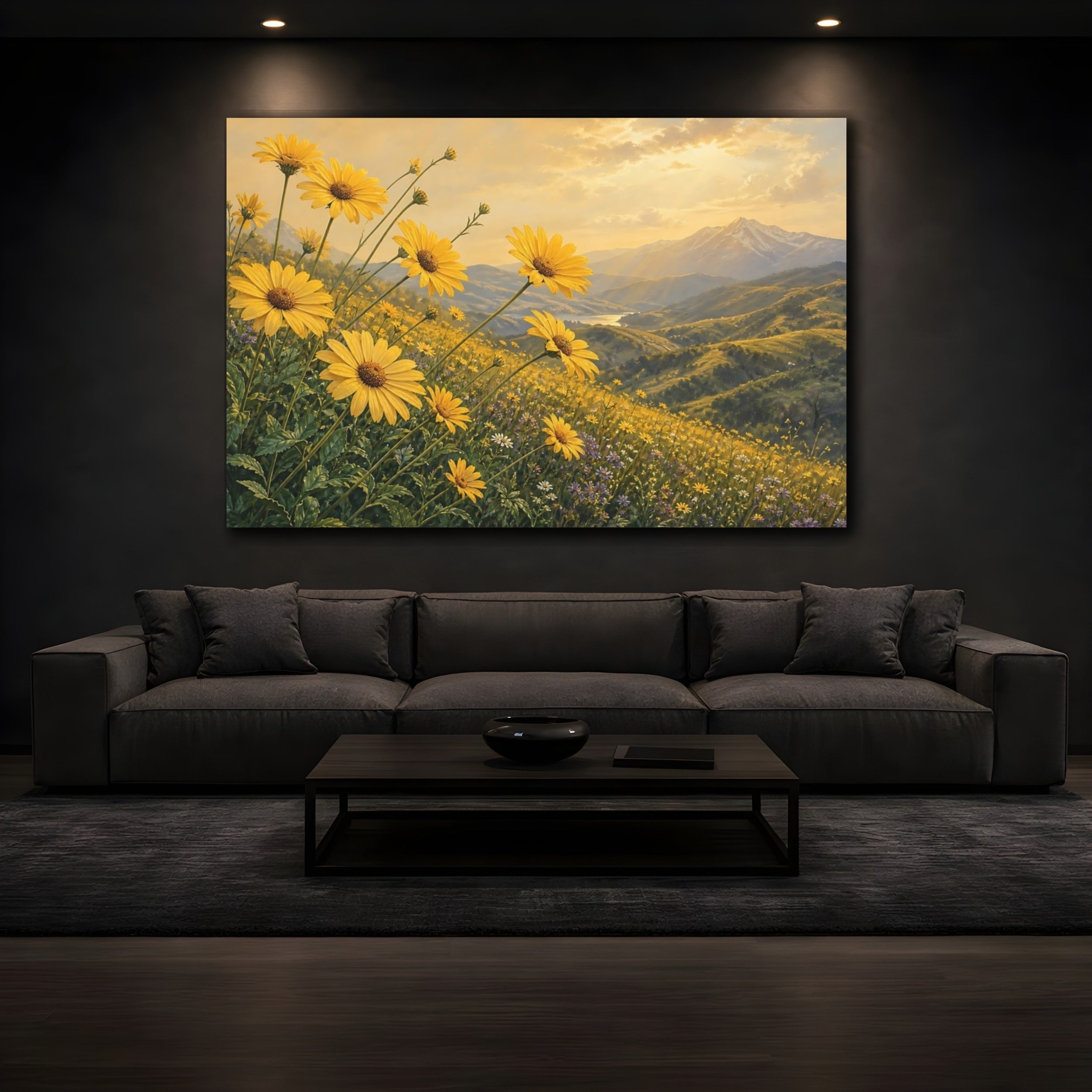 Mockup 3. Nature Yellow Daisies Golden Yellow Landscape shown as stretched canvas wall art