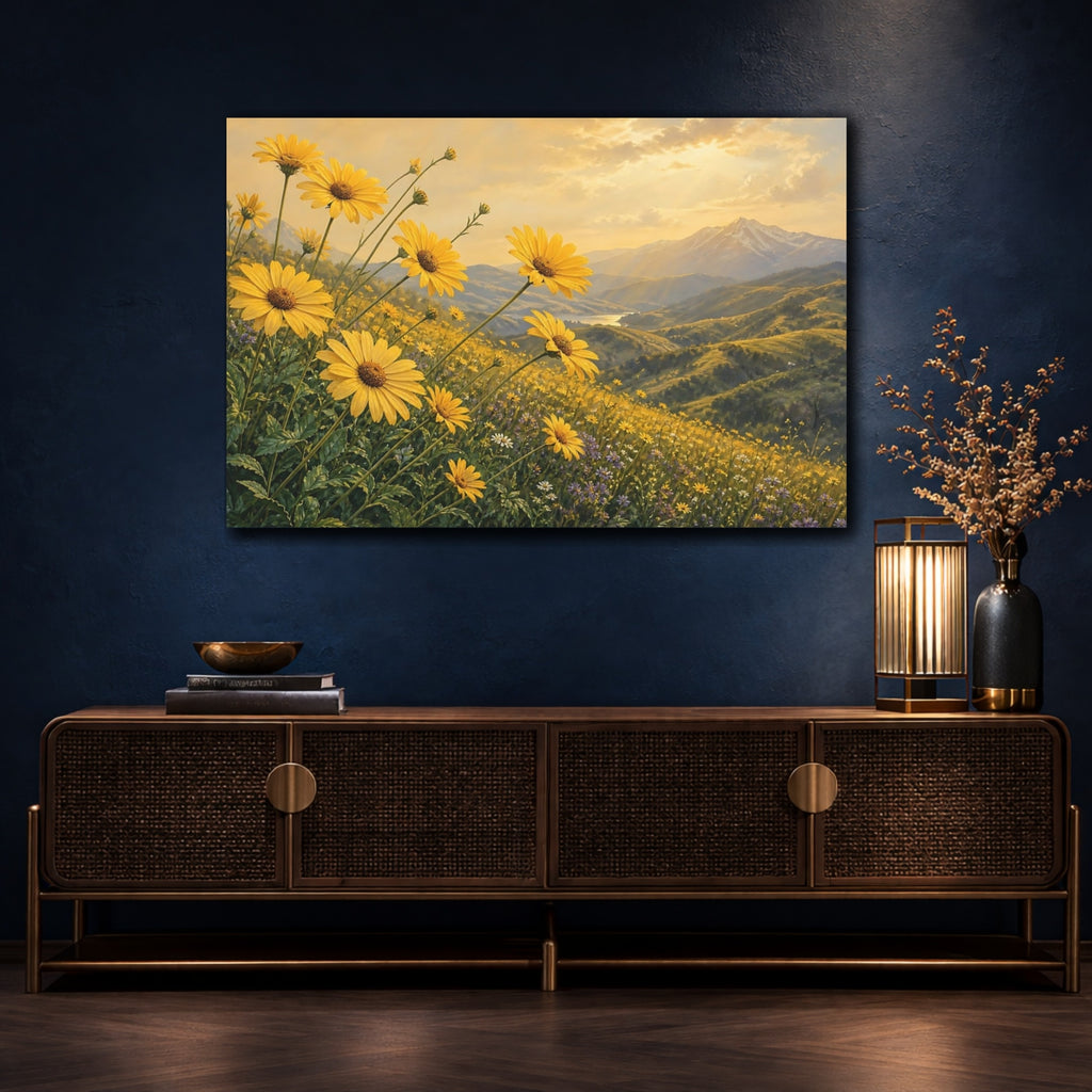 Mockup 4. Nature Yellow Daisies Golden Yellow Landscape shown as stretched canvas wall art