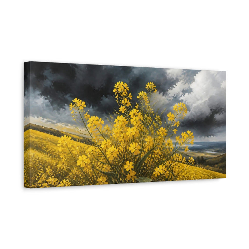 Side Mockup 3. Nature Yellow Flowers Yellow And Grey shown as stretched canvas wall art