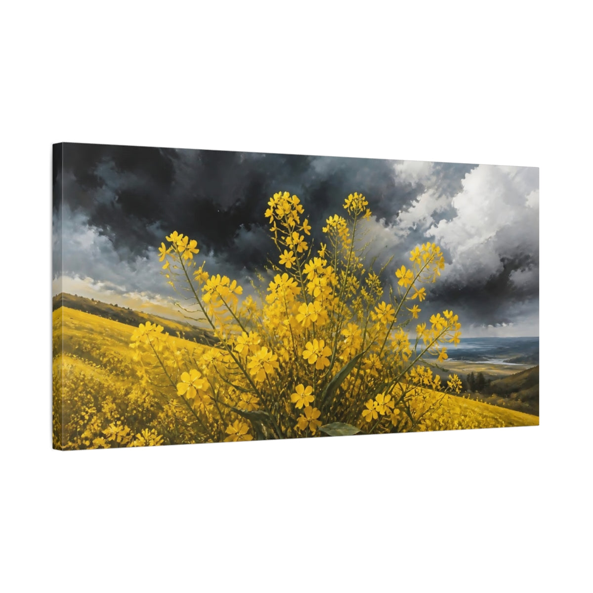 Side Mockup 1. Nature Yellow Flowers Yellow And Grey shown as stretched canvas wall art