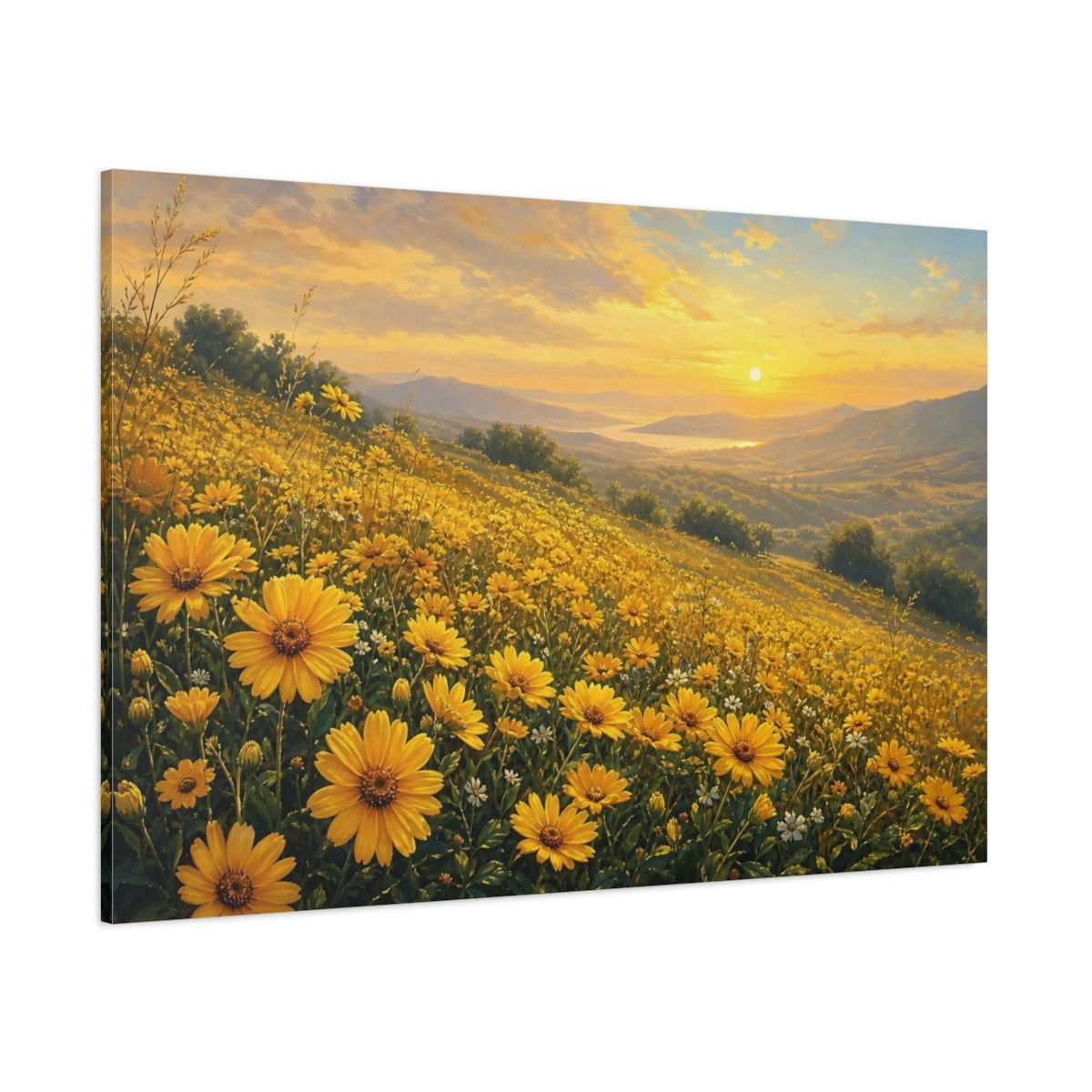 Side Mockup 1. Nature Yellow Flowers Yellow Flower Field shown as stretched canvas wall art
