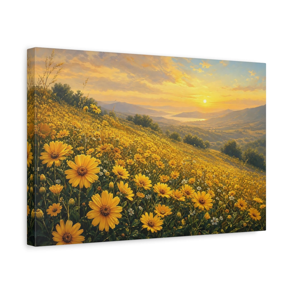 Side Mockup 4. Nature Yellow Flowers Yellow Flower Field shown as stretched canvas wall art