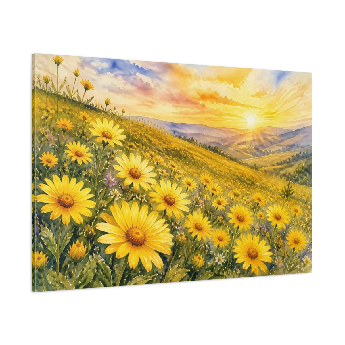 Side Mockup 1. Nature Yellow Flowers Yellow Flower Field shown as stretched canvas wall art