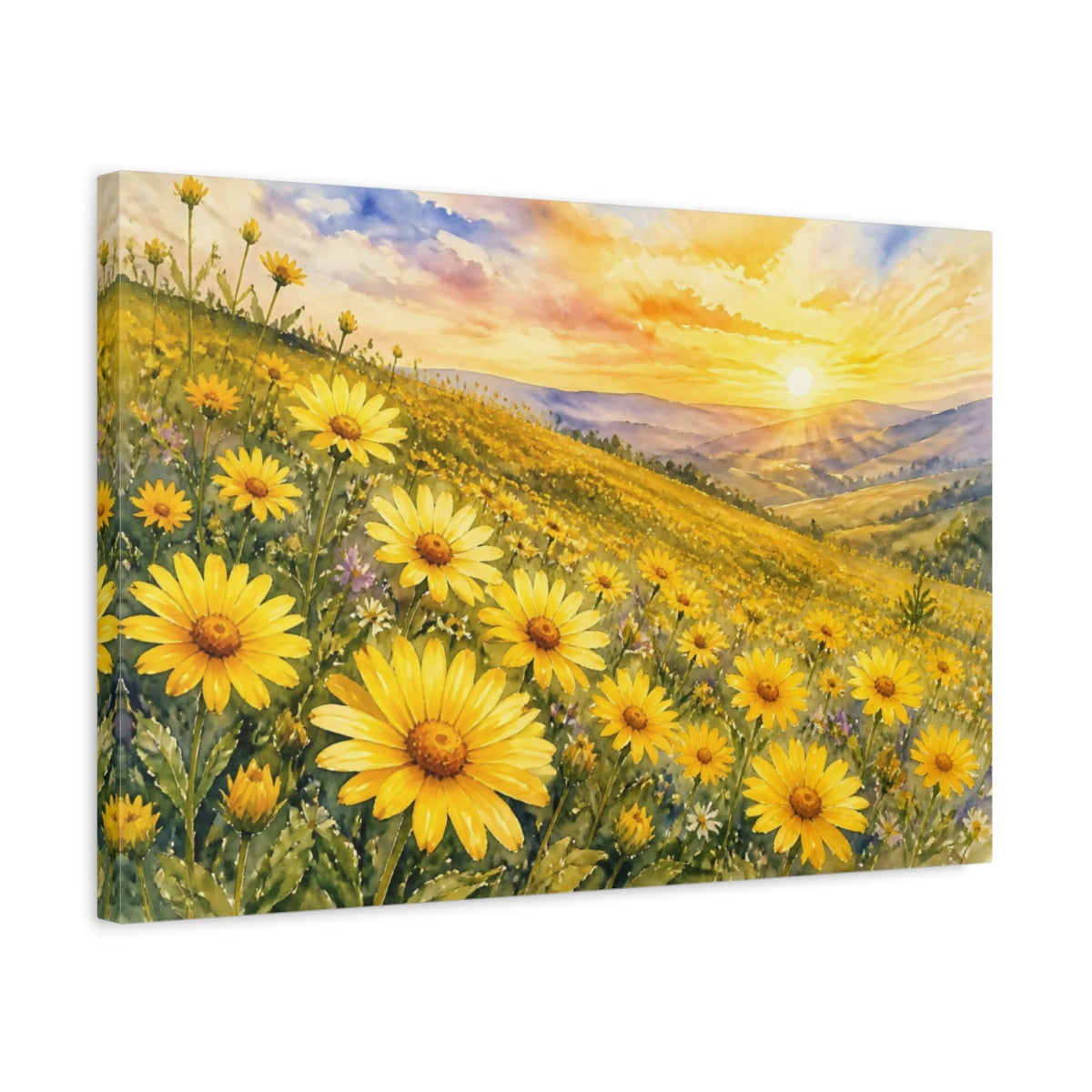 Side Mockup 3. Nature Yellow Flowers Yellow Flower Field shown as stretched canvas wall art