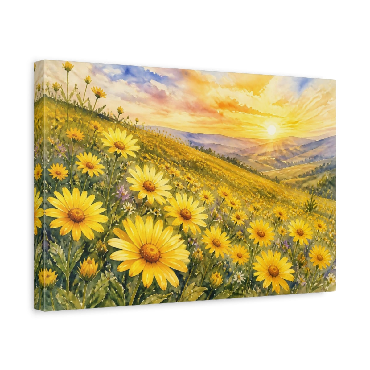 Side Mockup 4. Nature Yellow Flowers Yellow Flower Field shown as stretched canvas wall art