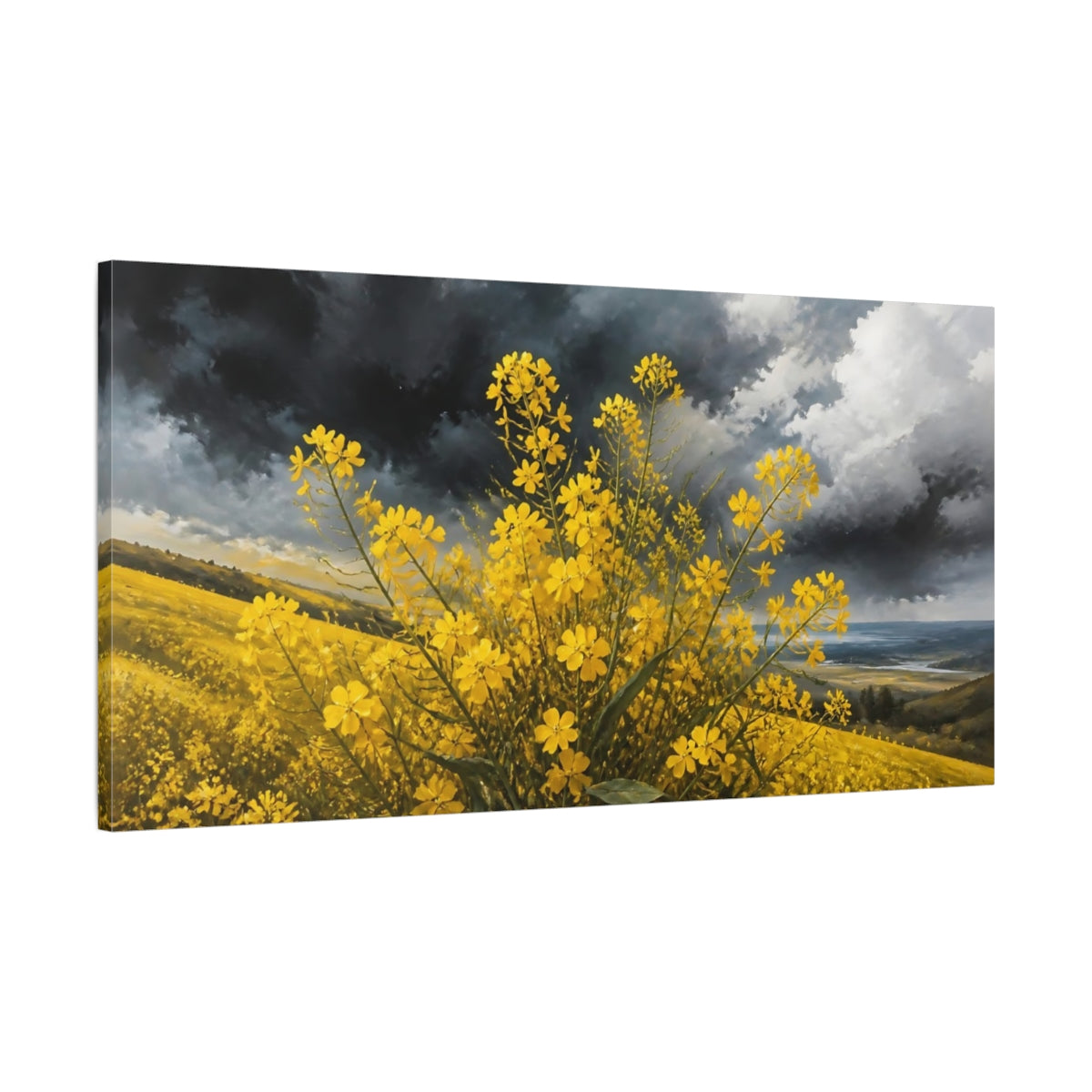 Main Mockup. Nature Yellow Flowers Yellow And Grey shown as stretched canvas wall art